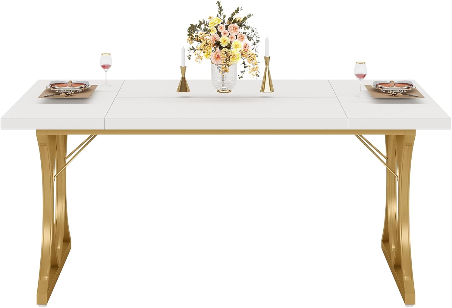 160 cm Tribesigns Moderne Witte Eettafel voor 6 Personen, Rechthoekige Tafel in Goud en Wit