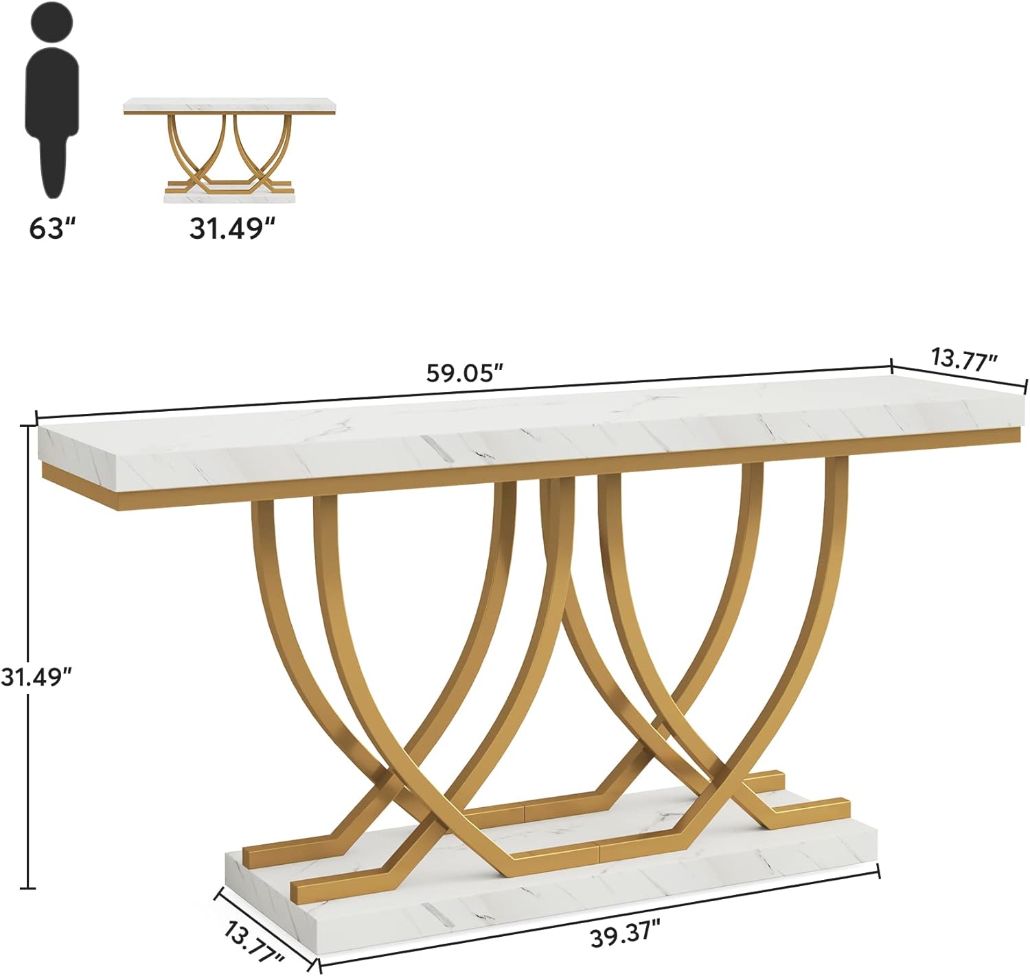 150 cm Moderne Console met Marmer Look, Gouden Metalen Frame voor Entree en Woonkamer