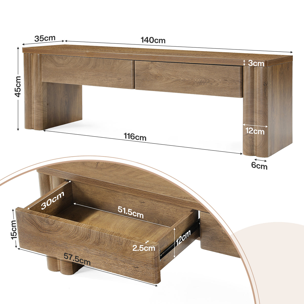 140 cm Tribesigns halbank met 2 verborgen opberglades, moderne zitbank in warme eikenlook voor hal en slaapkamer