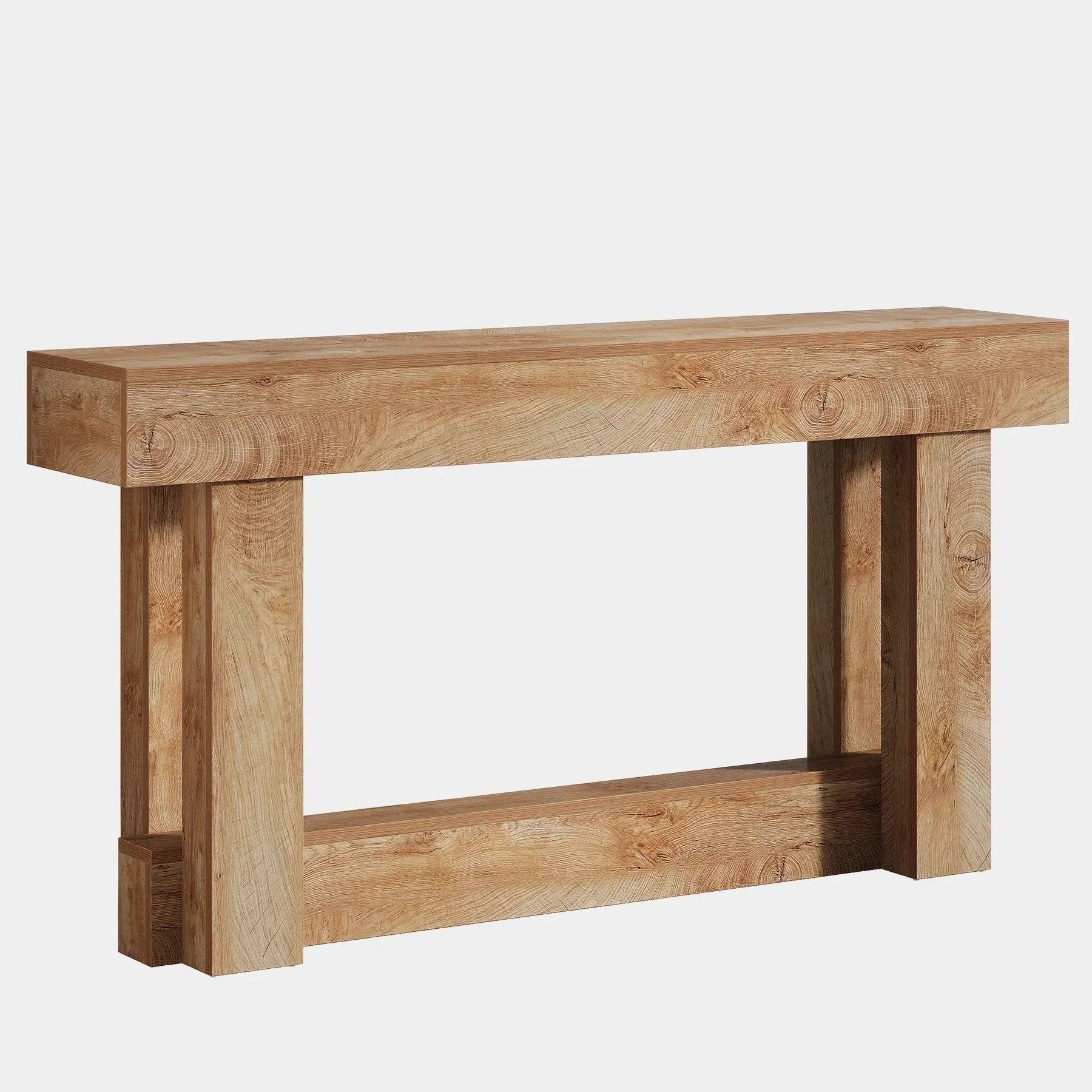 63 cm Lange Consoletafel met Opbergruimte, Tweelaags Bijzettafel in Warmbruin achter de Bank