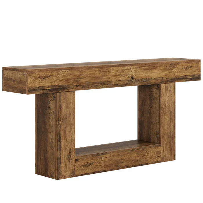 160 cm Boerenstijl Consoletafel, Tweelaagse Entreetafel met Opbergruimte in Rustiek Bruin