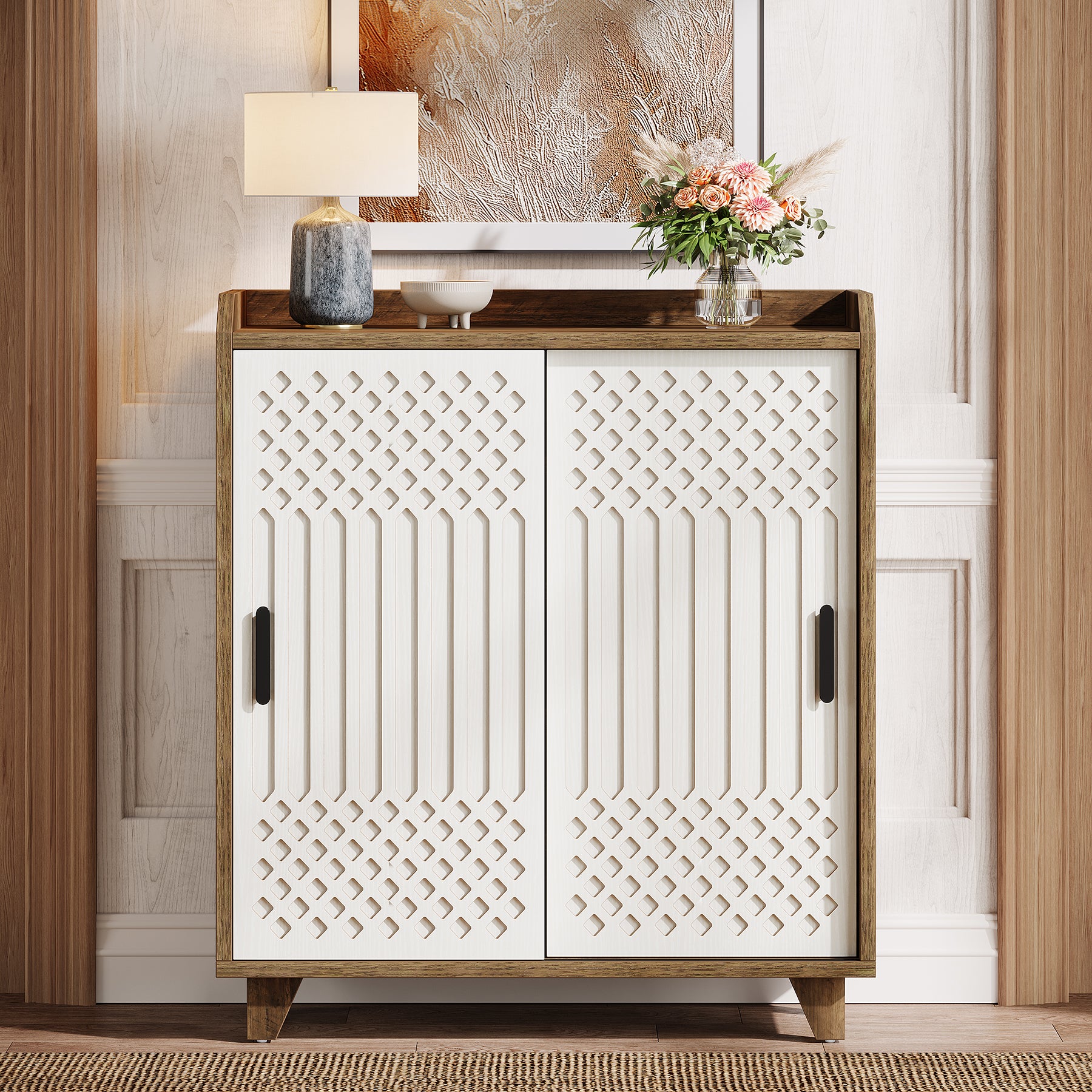 90 cm Keukenkast, Landelijke Buffet met Schuifdeuren en Geometrisch Patroon