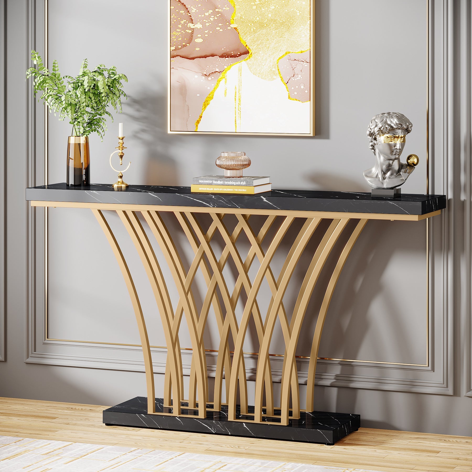150 cm Gouden Consoletafel, Moderne Entreetafel met Raster Basis voor Hal en Woonkamer