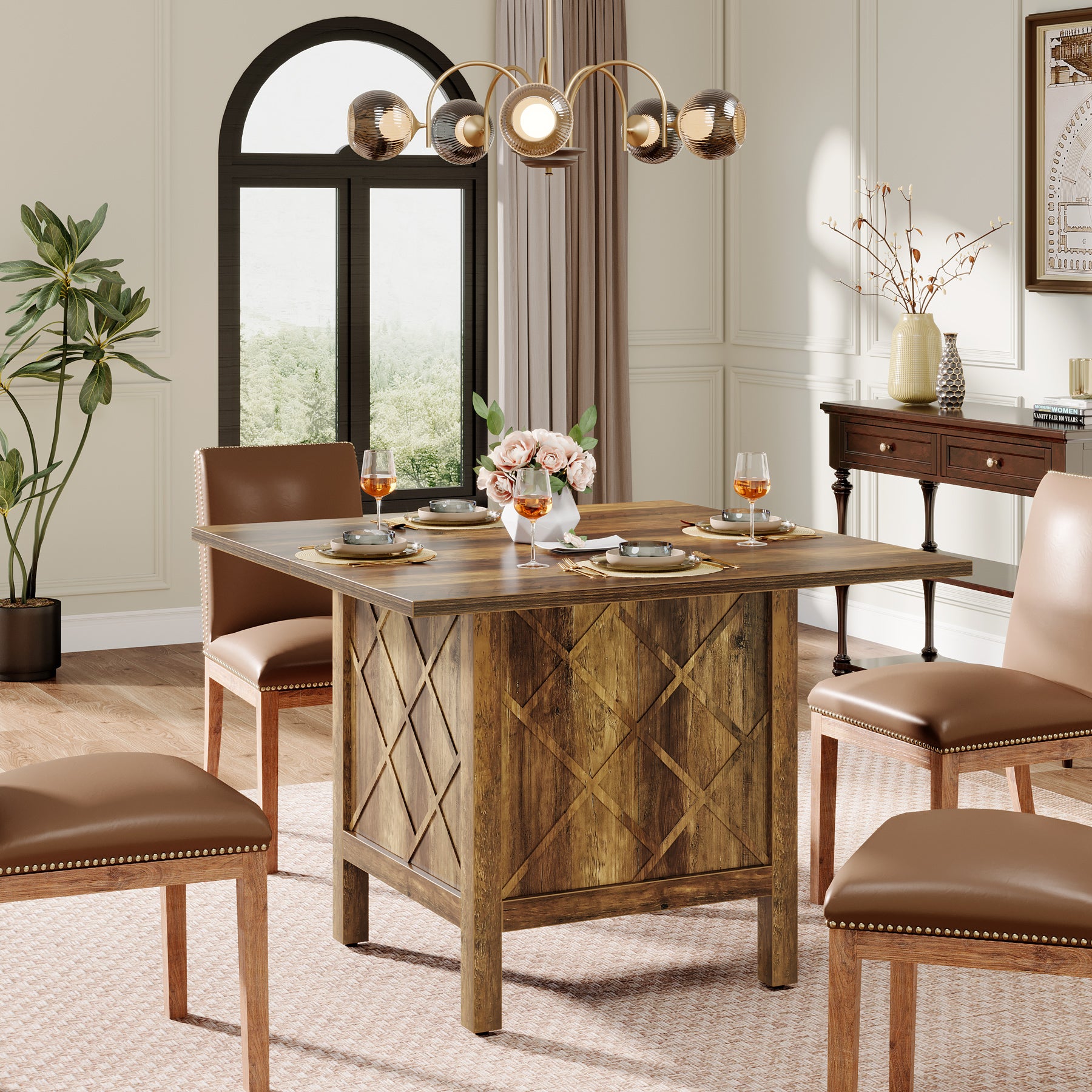 100 cm Landelijke Eettafel, Vierkante Houten Tafel met Stevig Frame voor Eetkamer