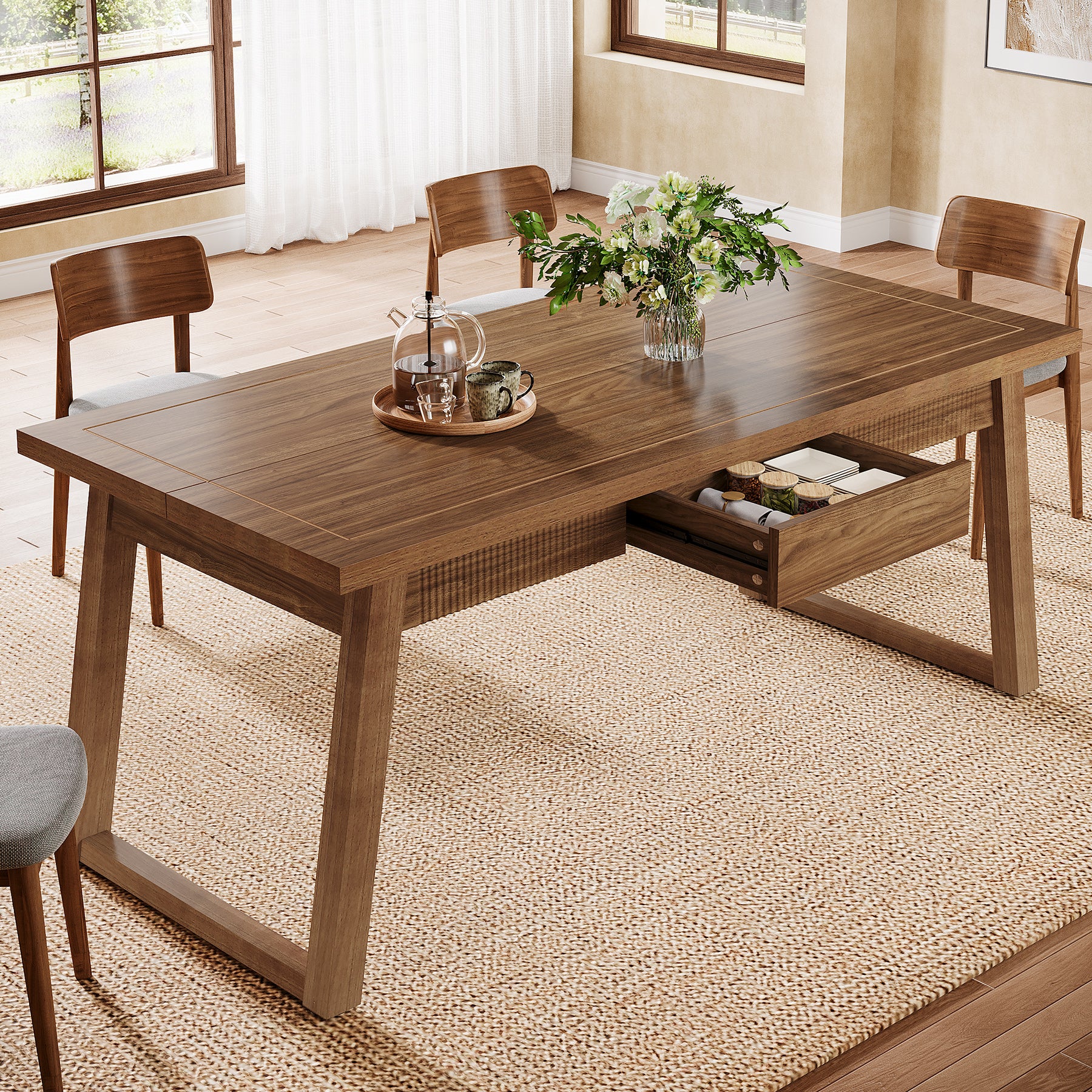 140 cm Rechthoekige Eettafel met Lade, Massief Houten Poten voor 4-6 Personen