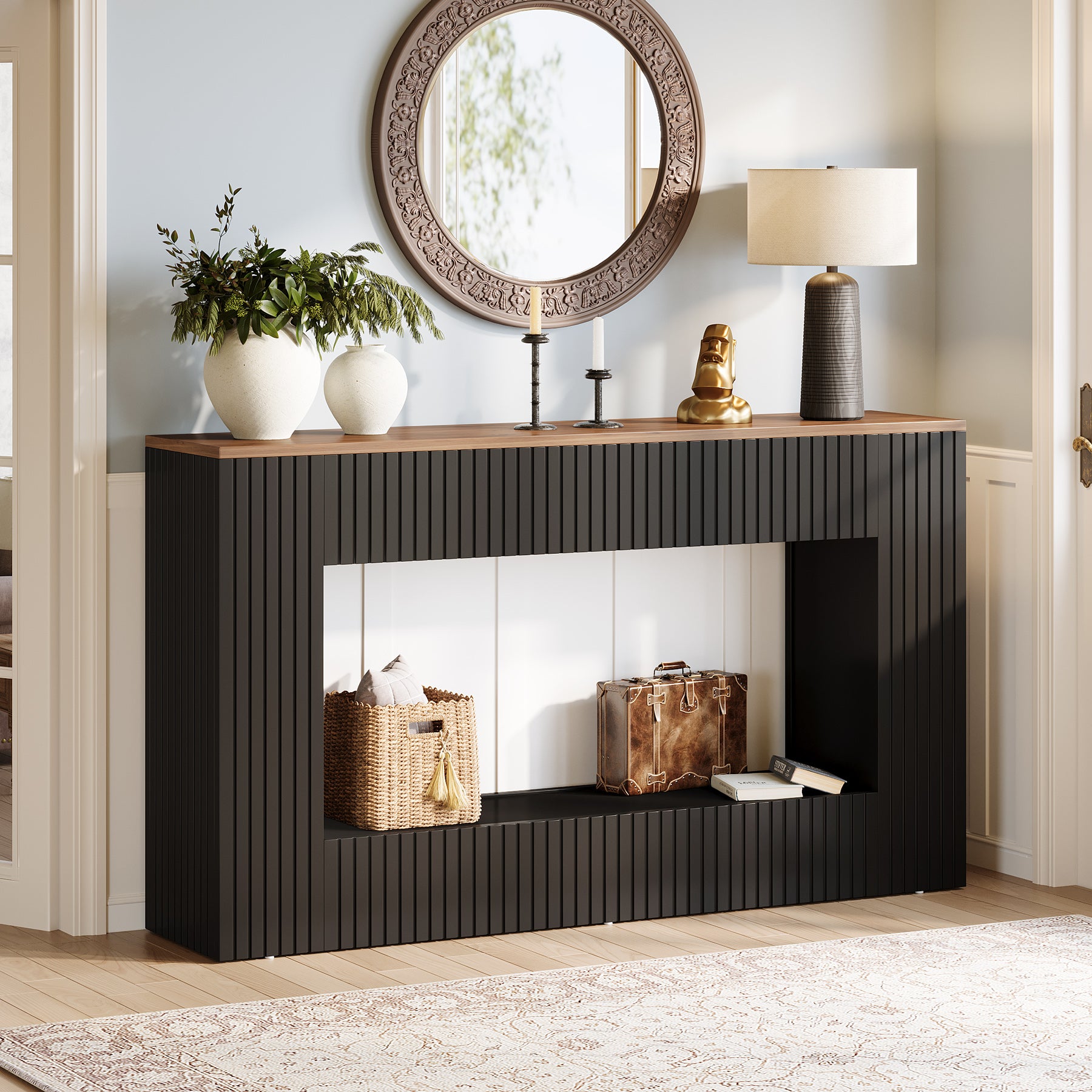 140 cm Moderne Consoletafel, Smalle Entreetafel met Twee Opbergplanken voor Hal