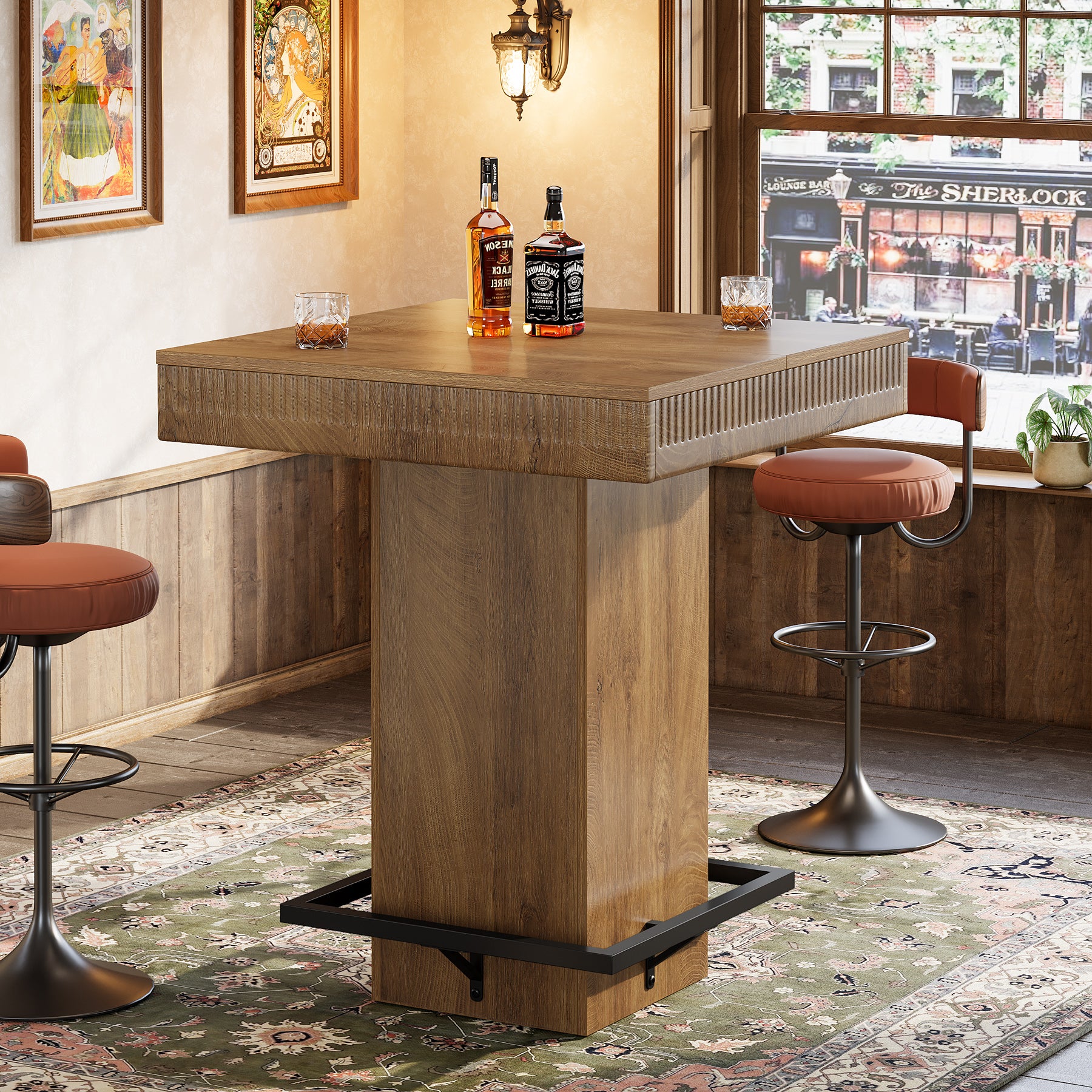 80 cm Vierkante Bartafel, Industriële Bistro Pubtafel met Metalen Voetensteun