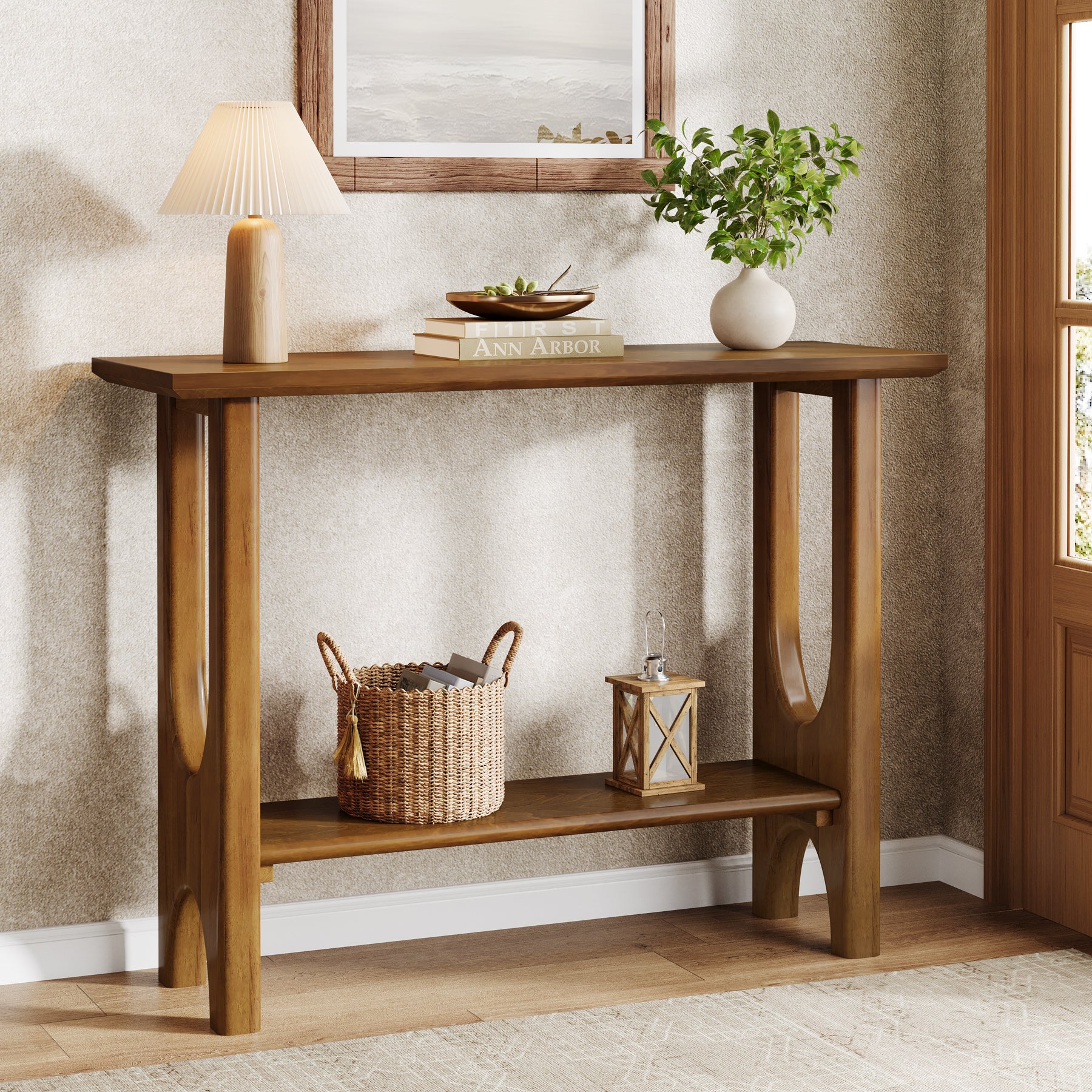 105 cm Entreetafel met 2 Niveaus, Moderne Consoletafel met Massief Houten Poten