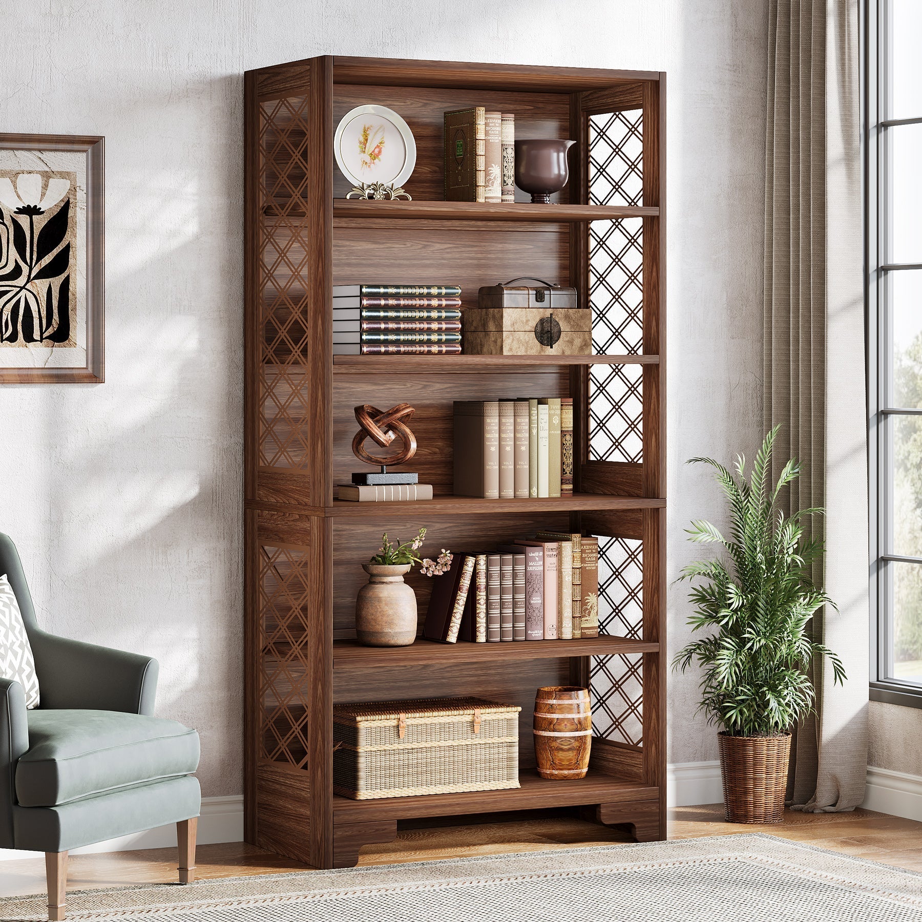 Hoge Boekenkast met Zes Planken, 180 cm Mid-Century Boekenkast voor Woonkamer
