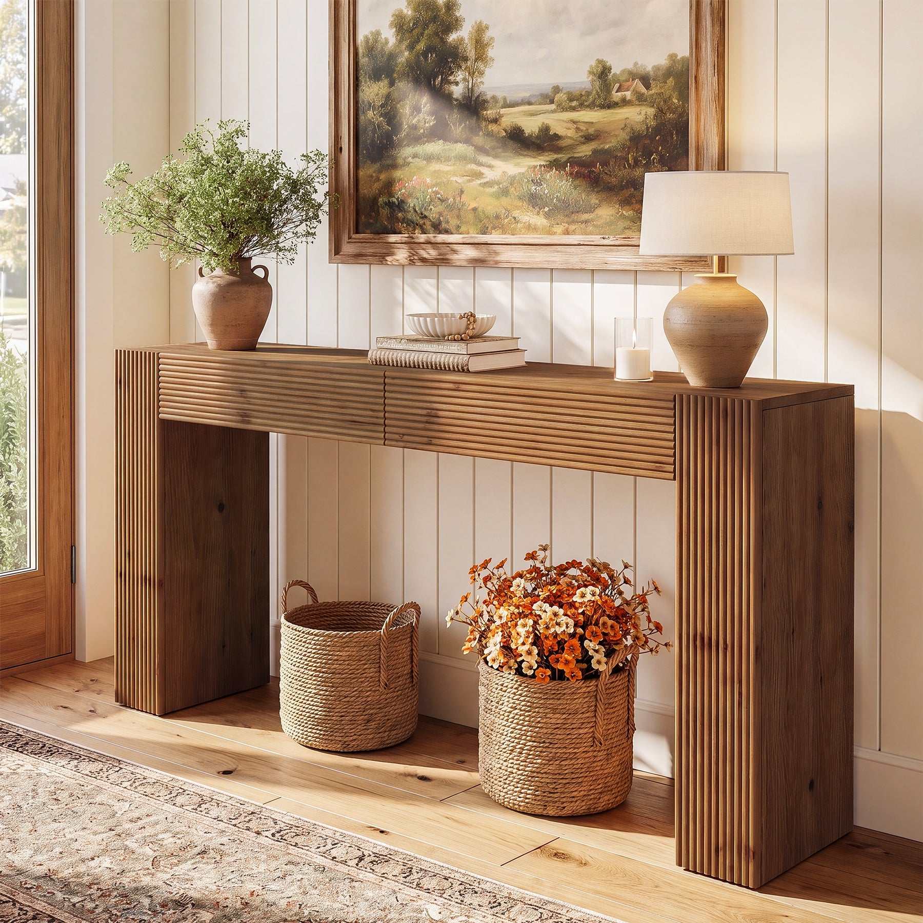 Tribesigns massief houten consoletafel van 160 cm met 2 lades, haltafel met geribbelde afwerking