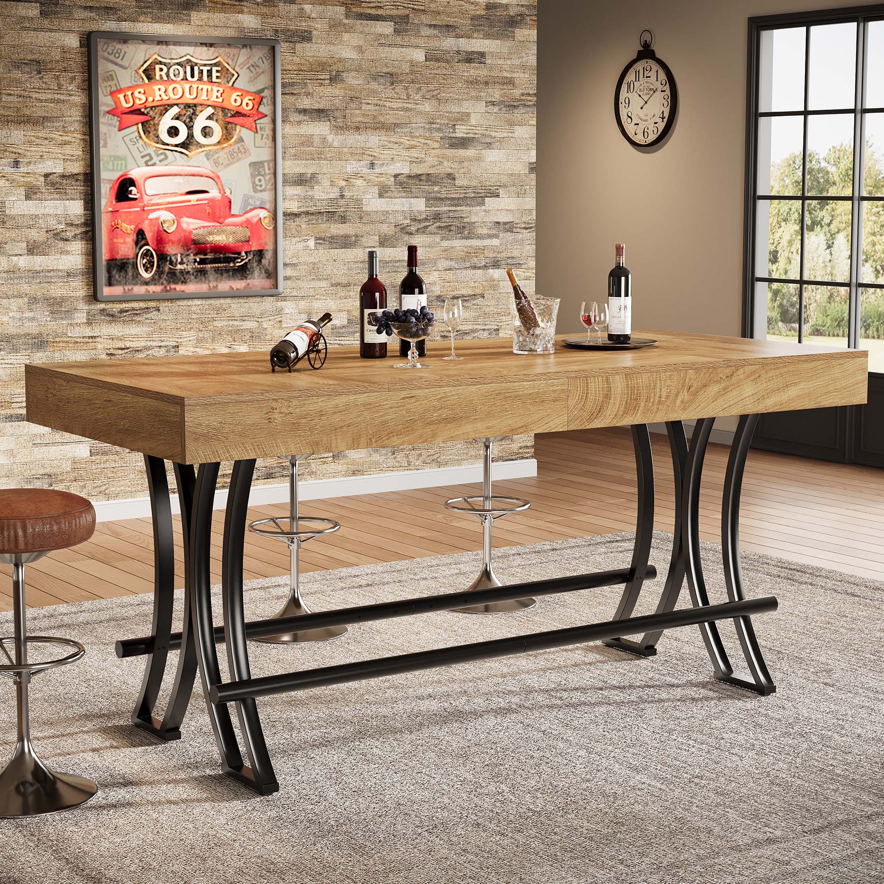 63" Bar Pub Table, Counter Height Kitchen Dining Table with Metal Footrest
