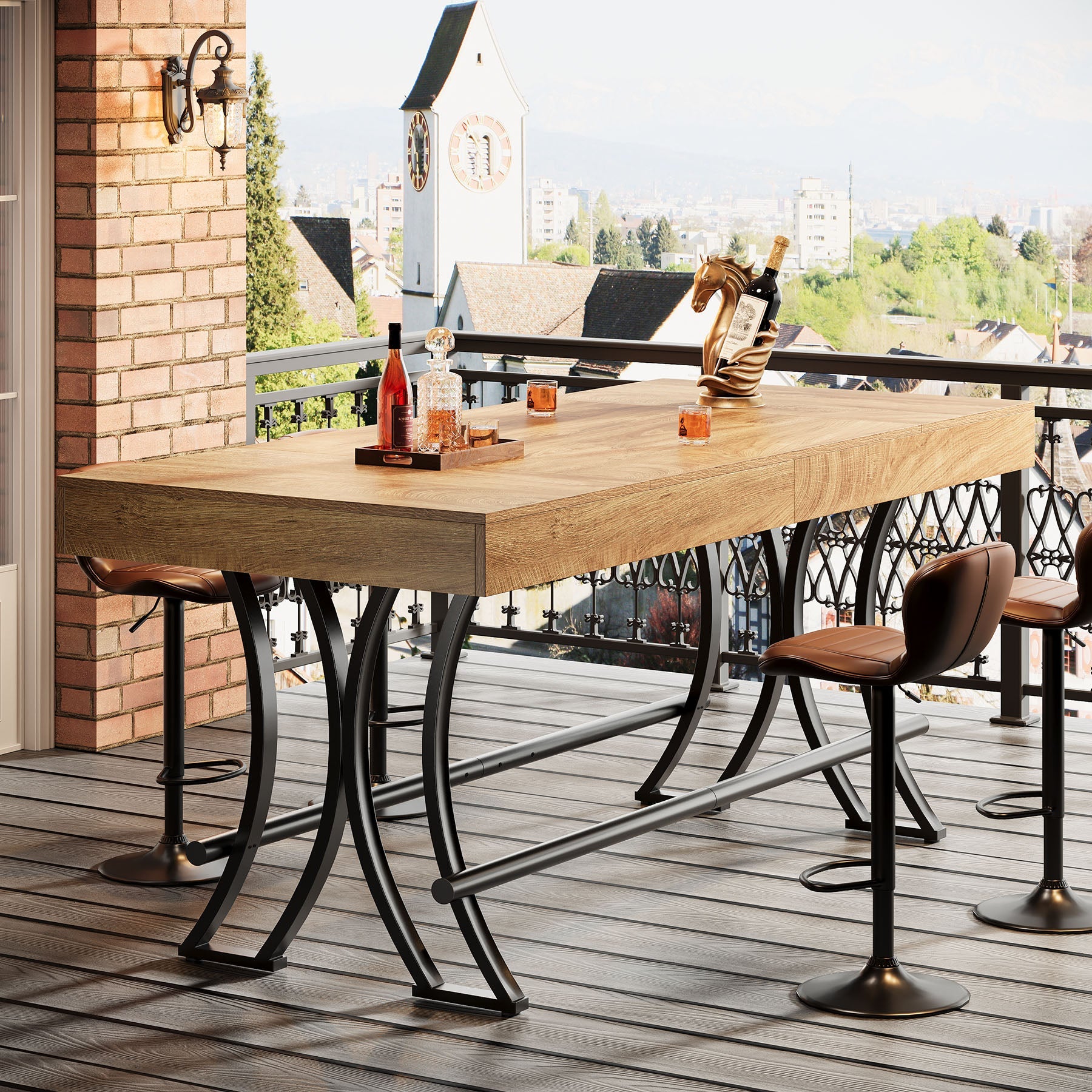 63" Bar Pub Table, Counter Height Kitchen Dining Table with Metal Footrest