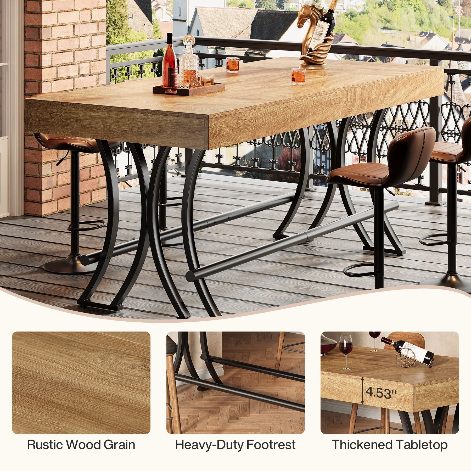 63" Bar Pub Table, Counter Height Kitchen Dining Table with Metal Footrest