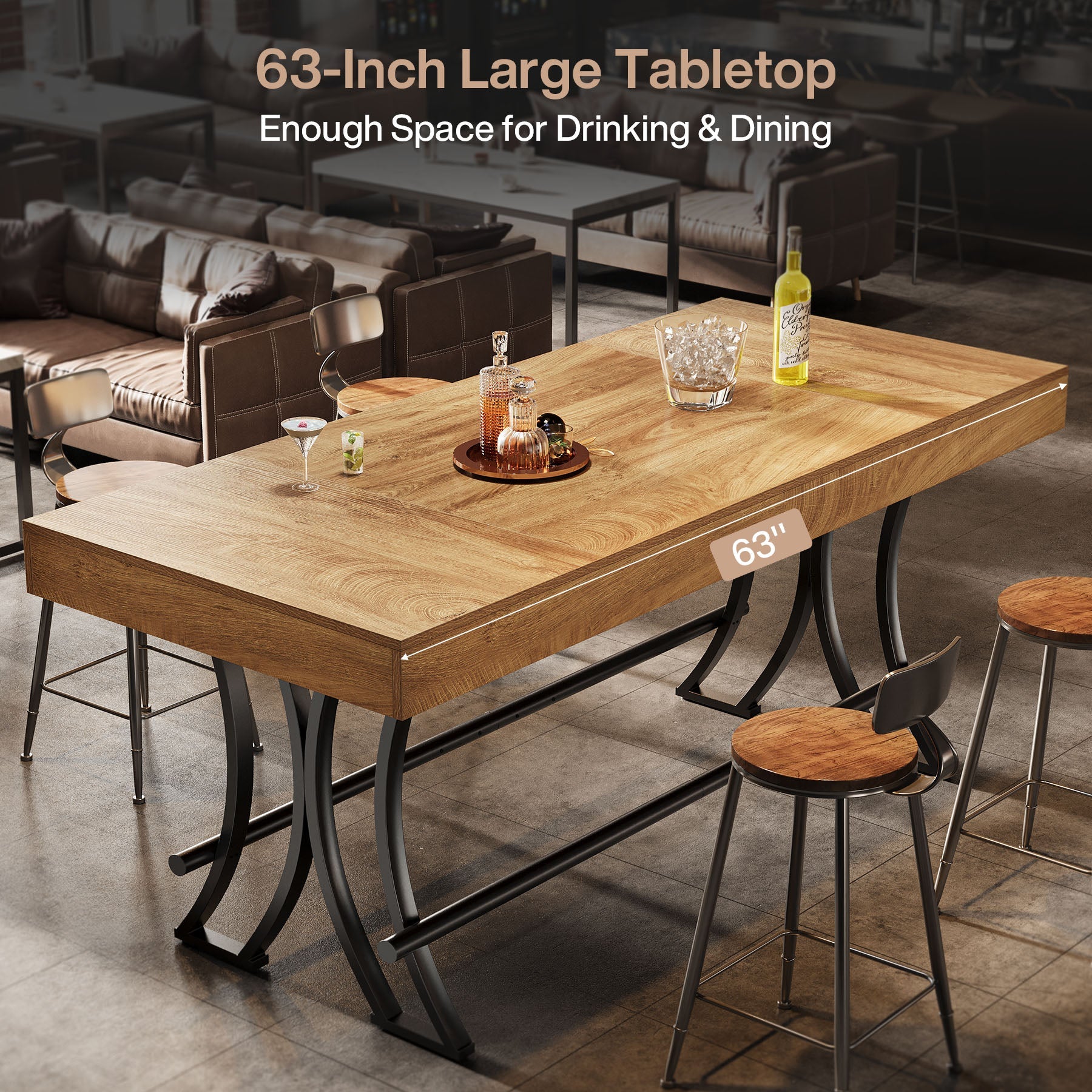 63" Bar Pub Table, Counter Height Kitchen Dining Table with Metal Footrest
