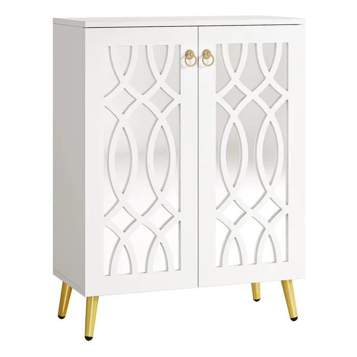 100 cm Hoge Schoenenkast, Witte Opbergmeubel met Spiegel en Deuren voor Hal of Slaapkamer