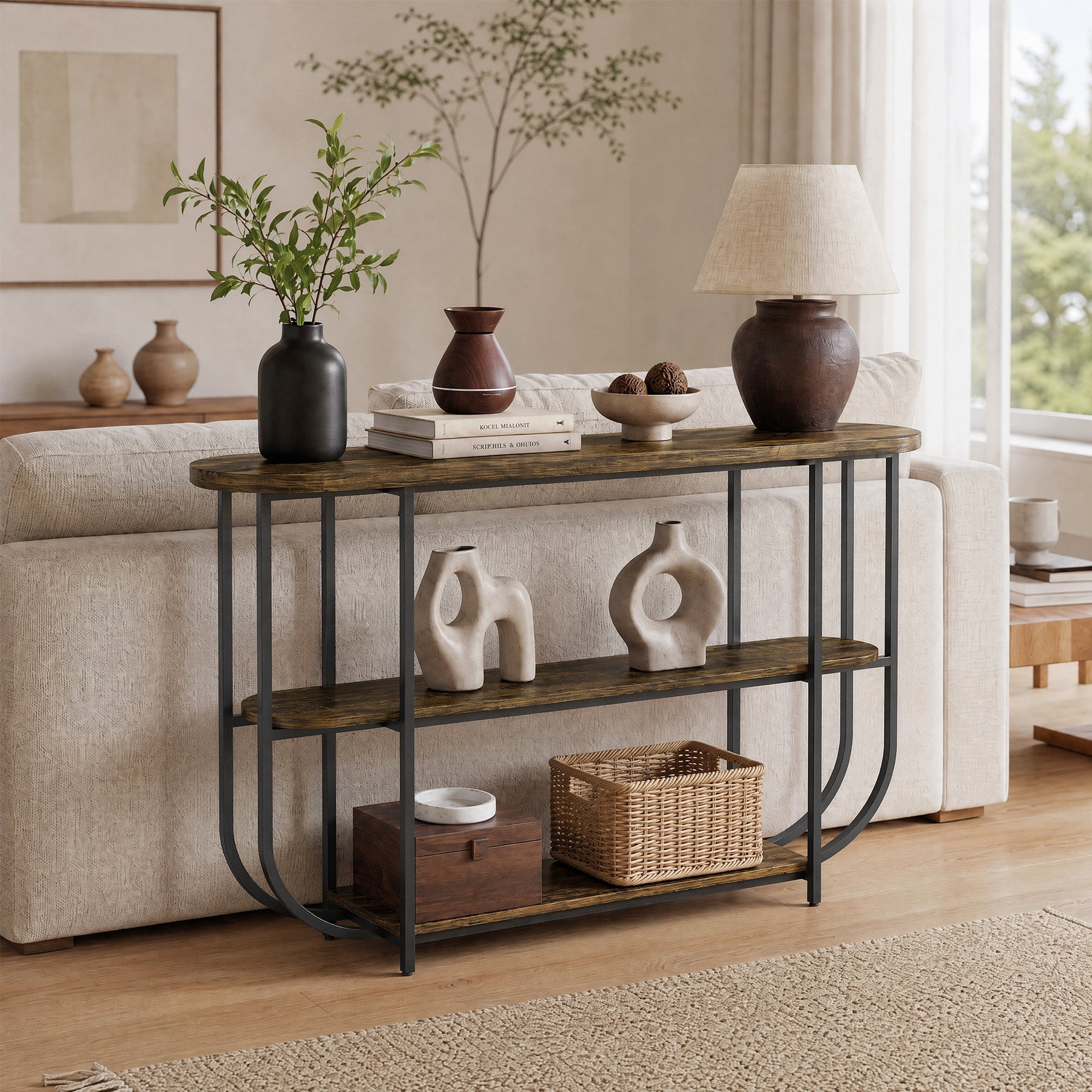 Tribesigns consoletafel van 160 cm, smalle haltafel met 3 niveaus en metalen onderstel