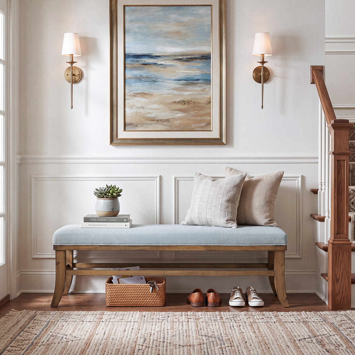 140 cm houten bank met linnen zitkussen en massief grenen frame, landelijke zitbank voor hal slaapkamer en woonkamer