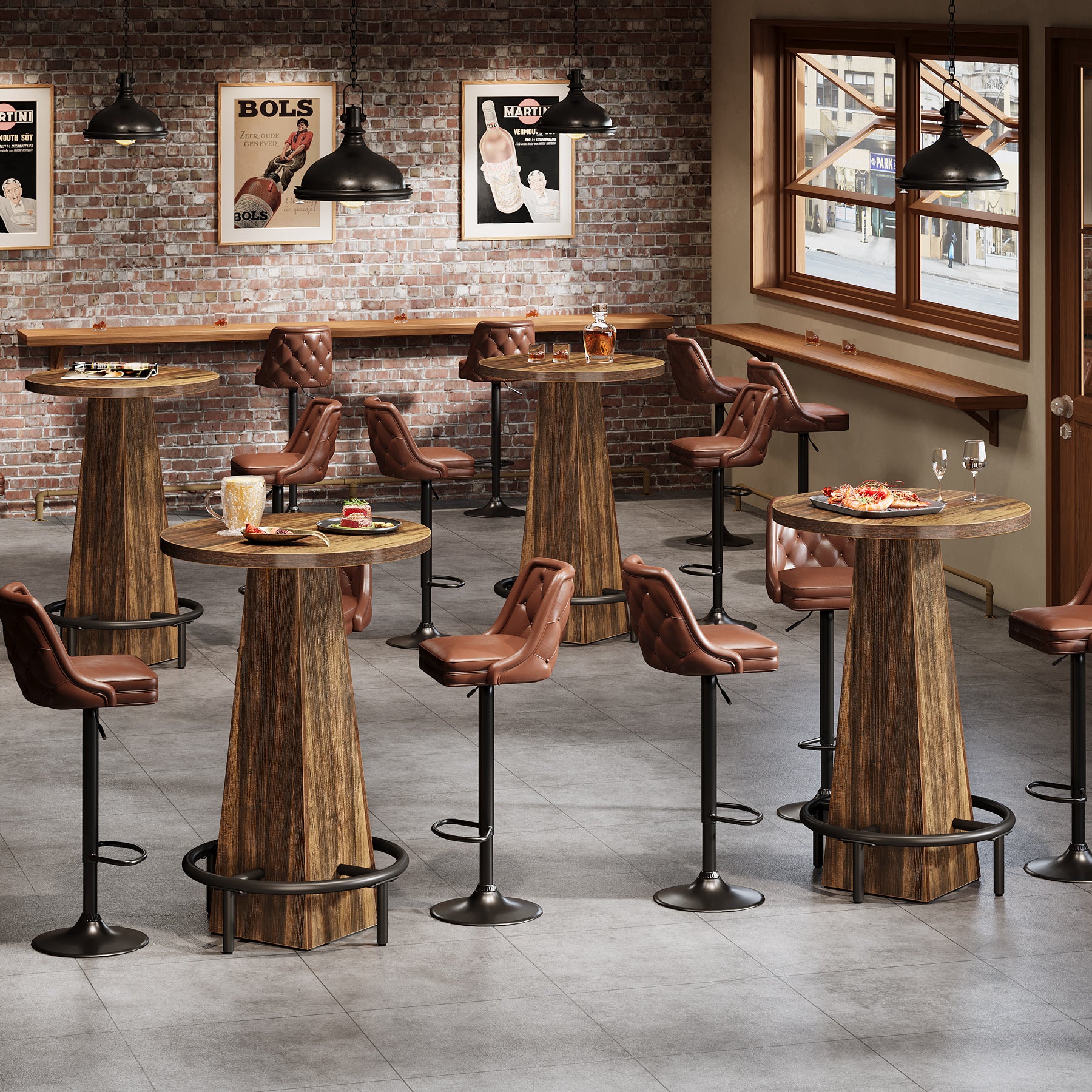 95 cm Ronde Bartafel van Hout, Bistro Statafel met Metalen Voetring voor Keuken en Woonruimte