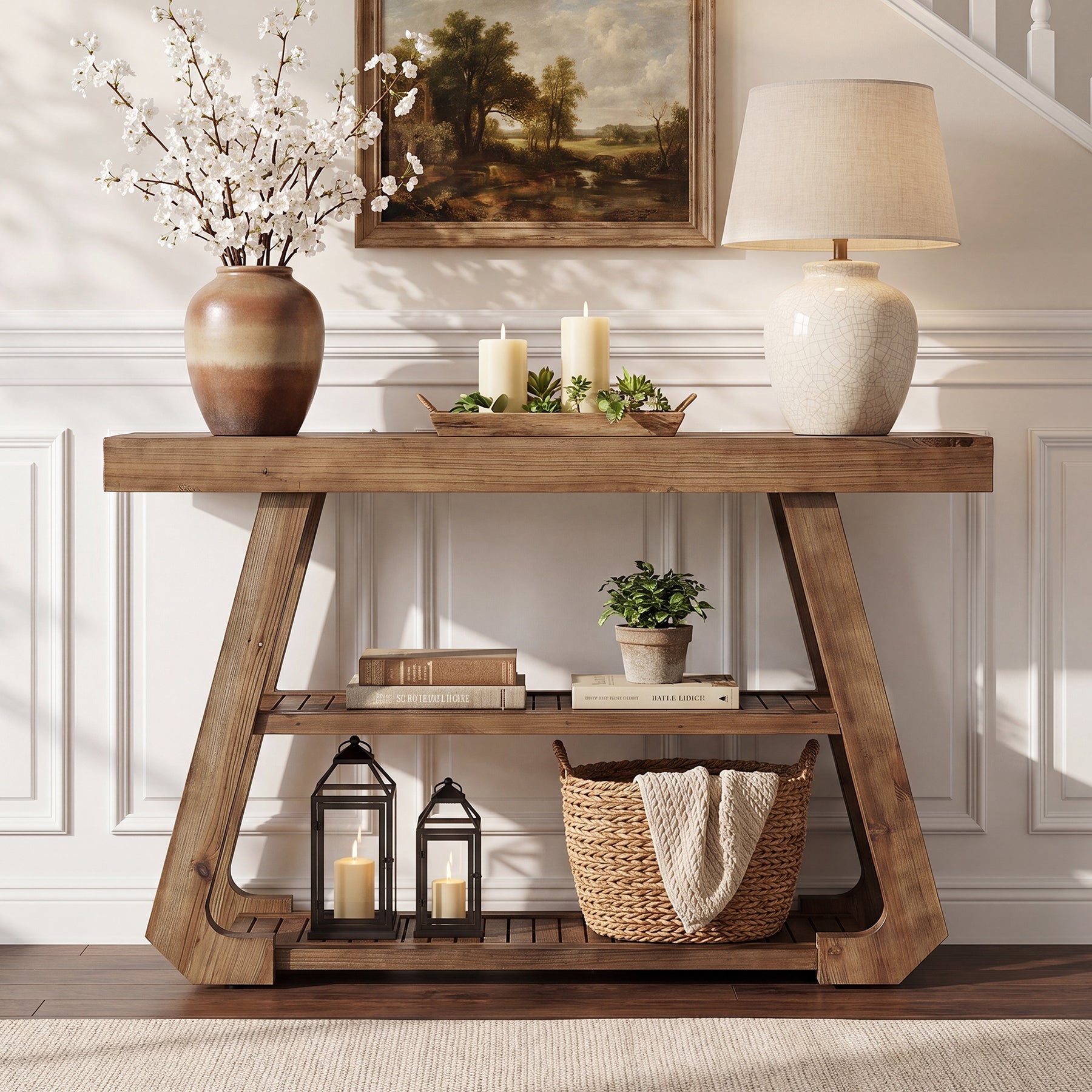 Tribesigns massief houten consoletafel van 105 cm met 3 legplanken, landelijke haltafel met A-frame