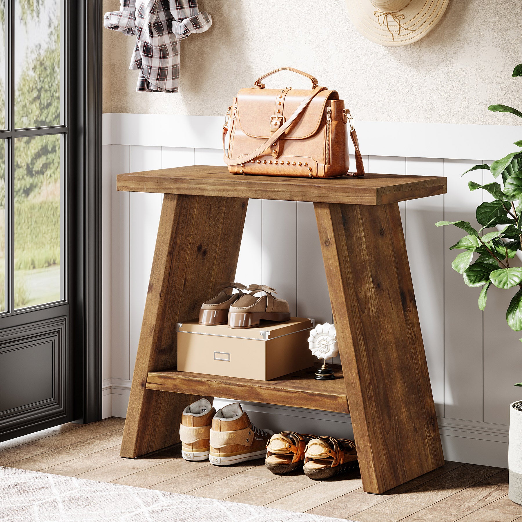 60 x 30 cm Smalle bijzettafel van massief hout met 2-laagse opbergruimte, landelijk nachtkastje voor woonkamer en slaapkamer