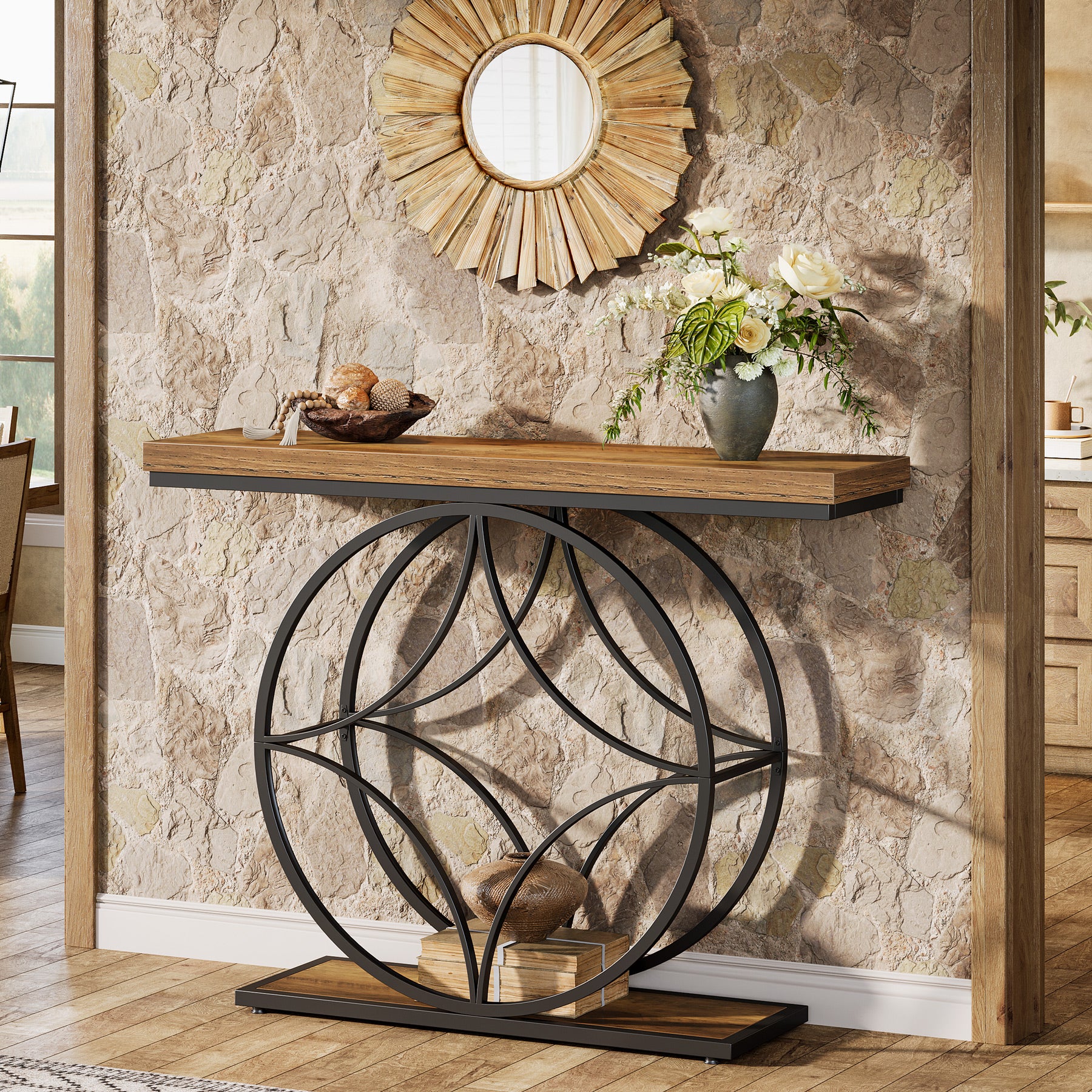 120 cm Industriële Consoletafel met 2 Niveaus Opslag, Smalle Haltafel Bruin