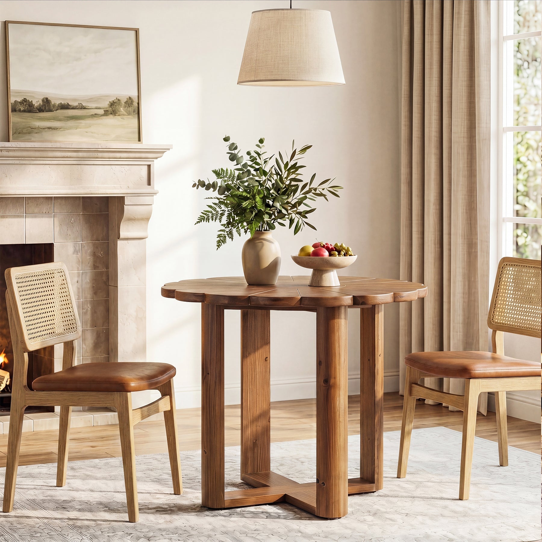 Tribesigns Massief Houten Ronde Eettafel 80 cm voor 2–4 personen, Landelijke Eetkamertafel met Floraal Snijwerkpatroon
