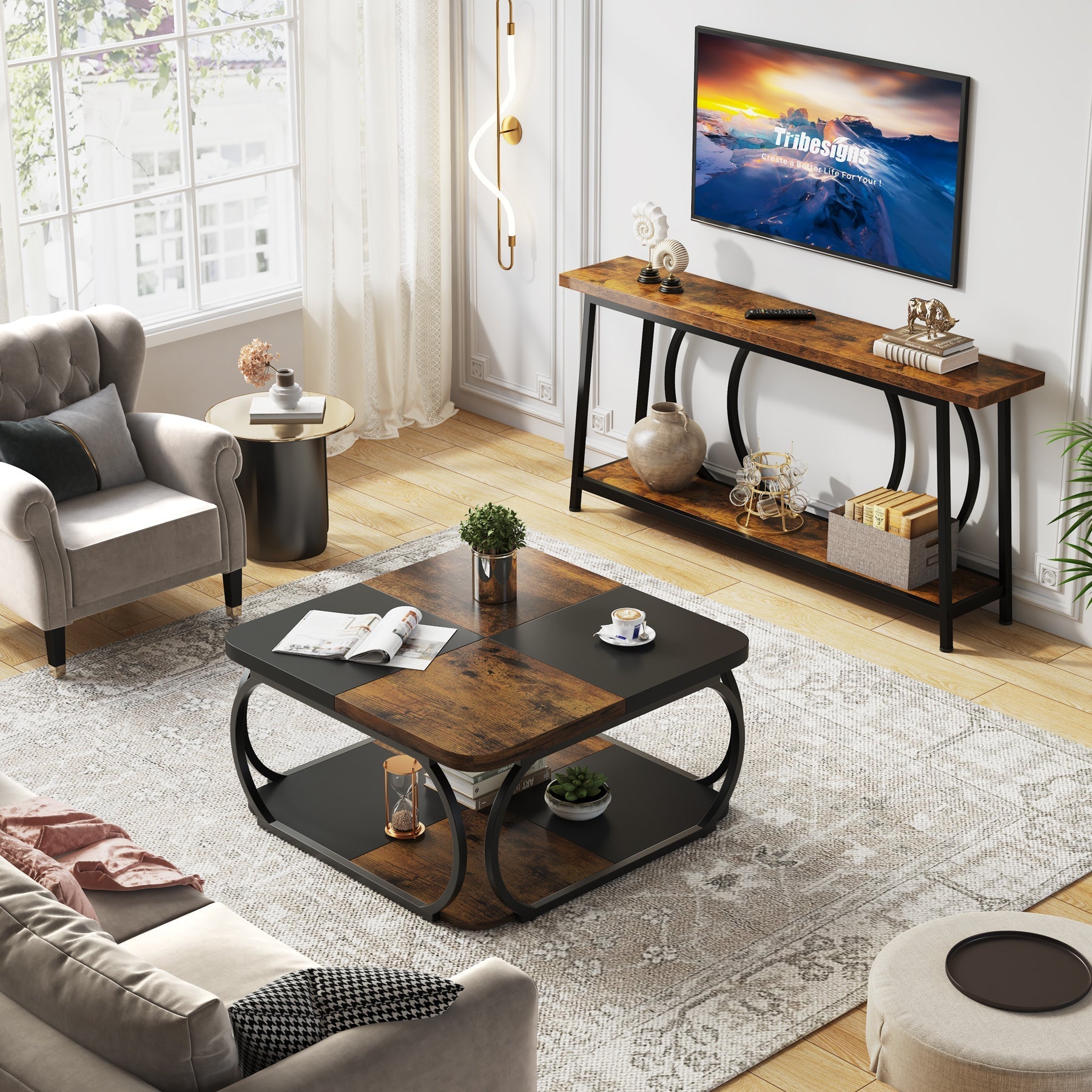 Vierkante Salontafel met Dubbele Planken, 100 cm Landelijke Tafel met Metal Frame