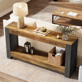 160 cm Landelijke Consoletafel in Rustiek Bruin en Zwart, Houten Sofa- en Haltafel voor Woonkamer en Entree 3