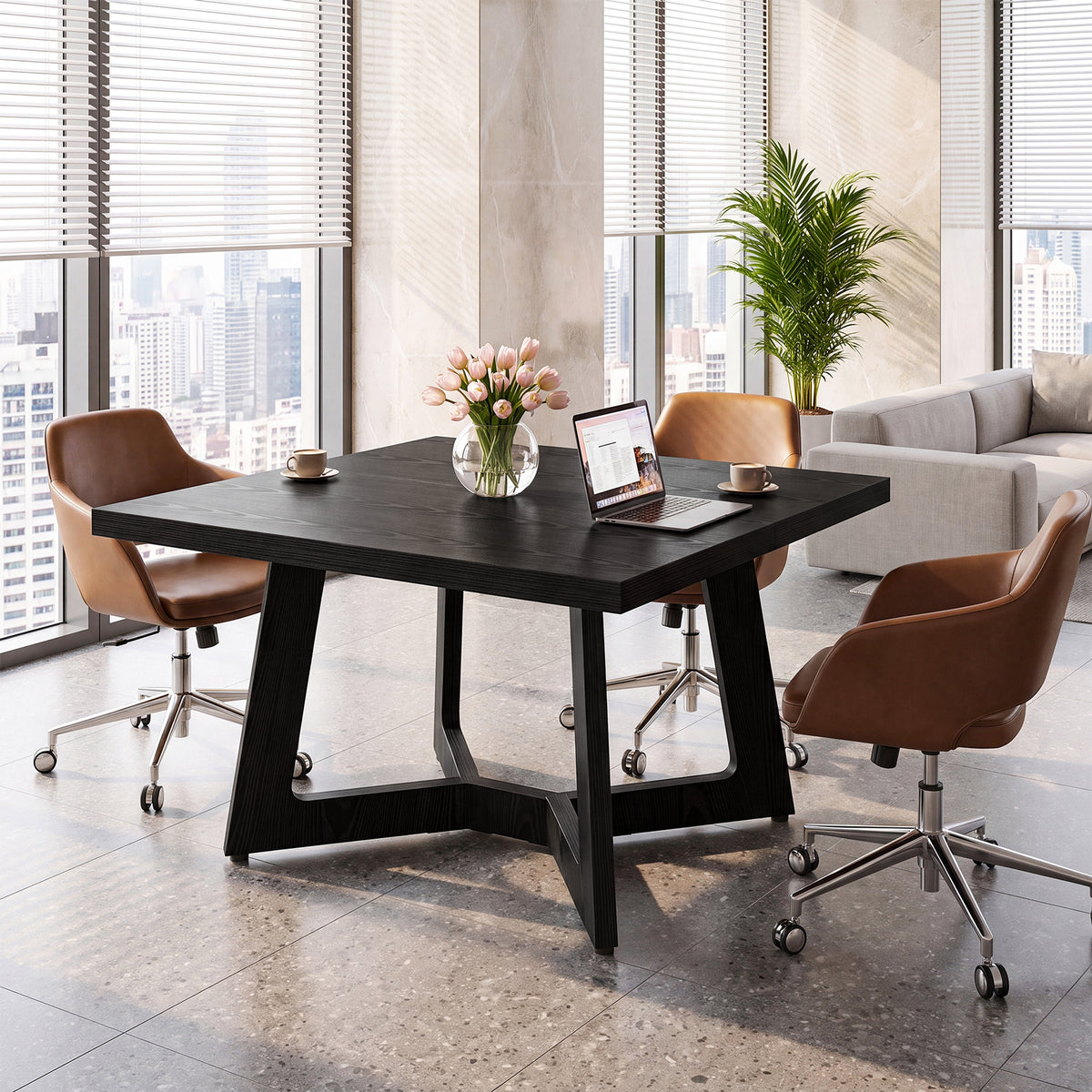 100 cm vierkante vergadertafel voor 2-4 personen met zwart design en stevige trapeziumpoten, kantoortafel voor kantoor