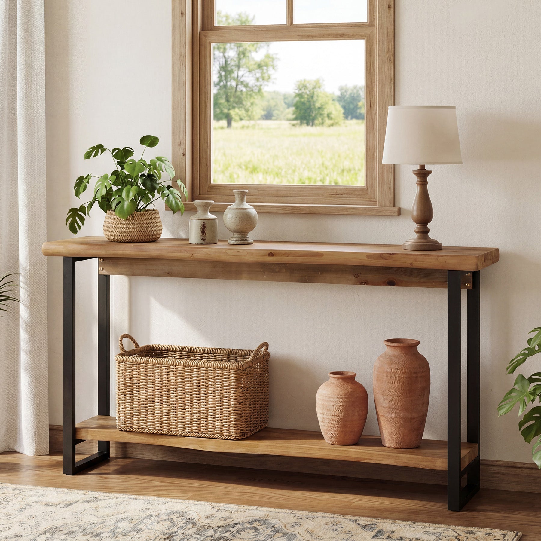160 cm Massief Houten Live-Edge Consoletafel met Metalen Poten