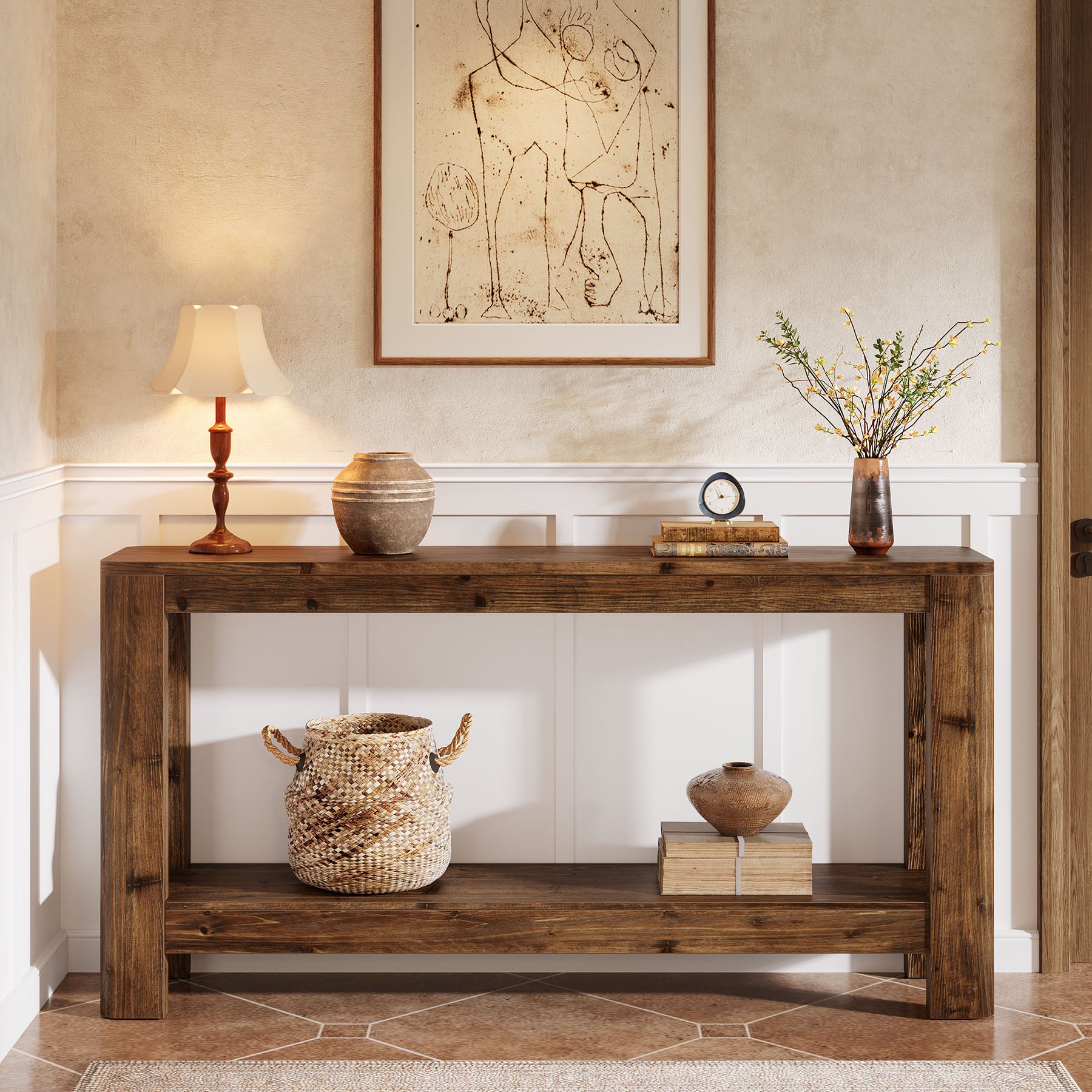 160 cm Massief Houten Consoletafel, Smalle Farmhouse Sidetable met Rek