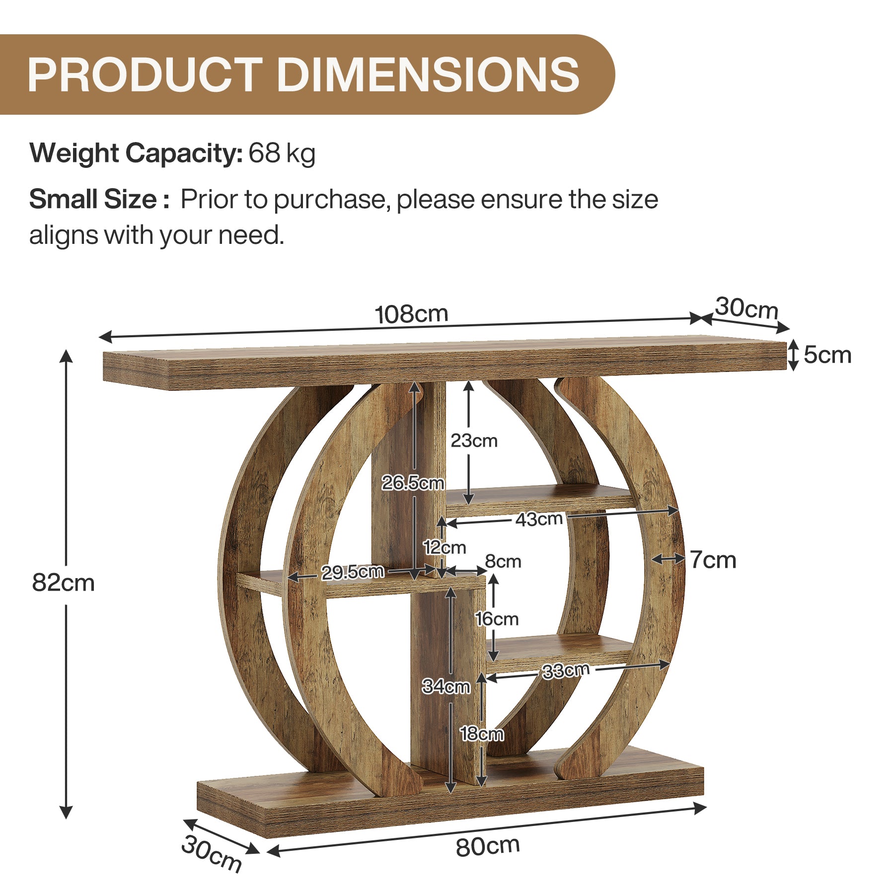 108 cm Houten Consoletafel met 4 Lagen Opslag en Cirkelvormige Basis