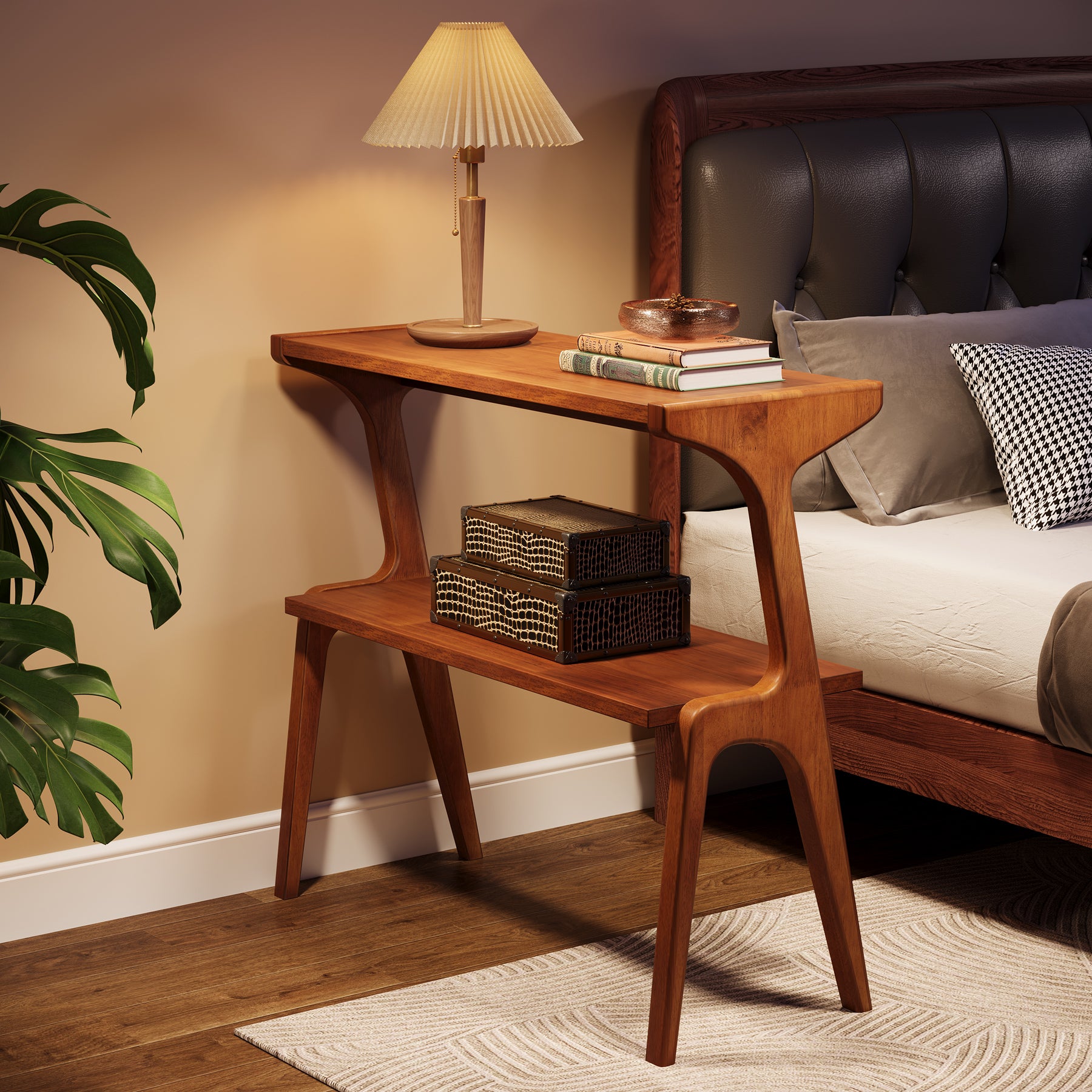 70 cm Tribesigns Bijzettafel van Massief Hout, Smalle 2-Laagse Tafel met Legplanken