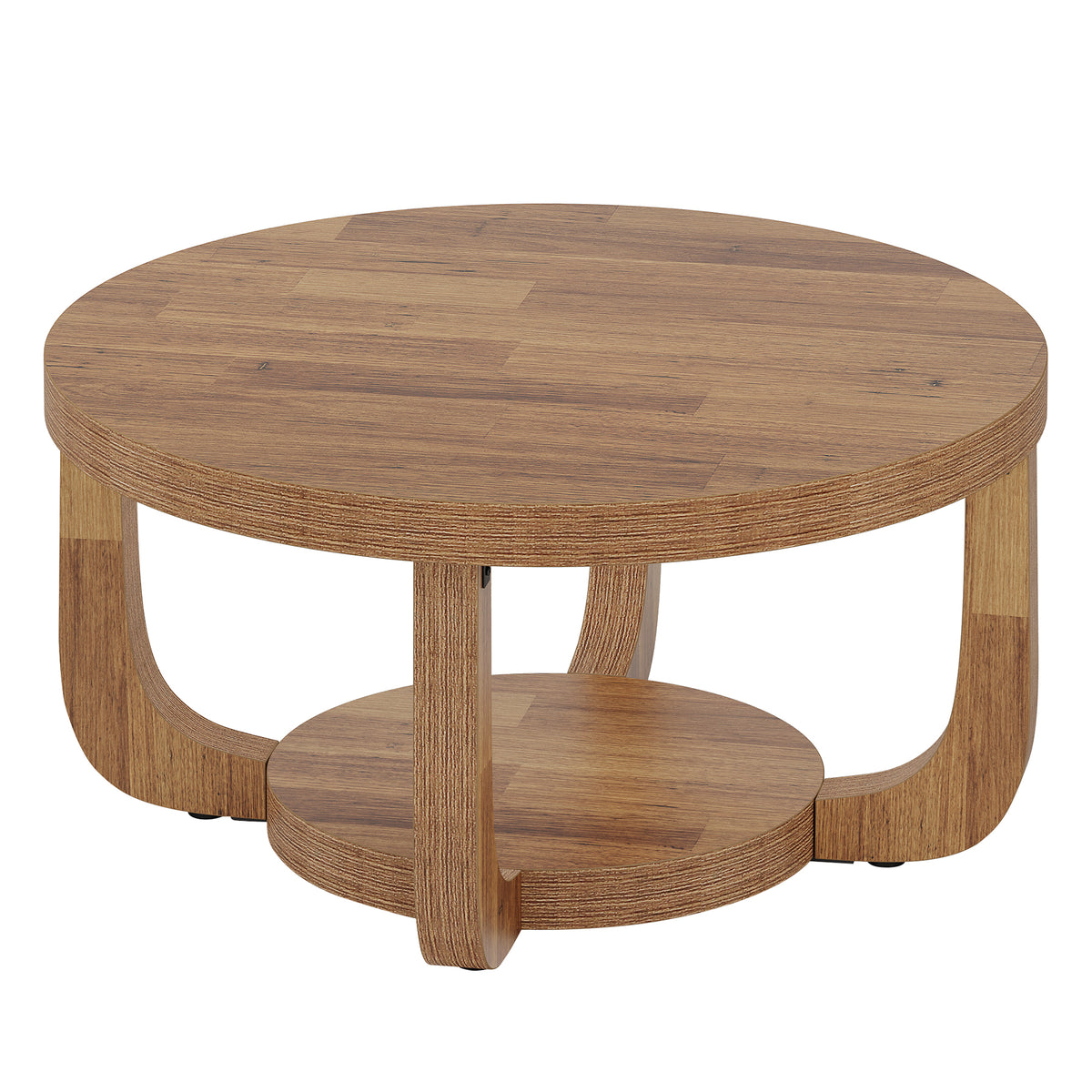 Ronde Salontafel van 80 cm met 2 Lagen en Opbergruimte, Moderne Houten Accenttafel in Rustiek Bruin voor Woonkamer