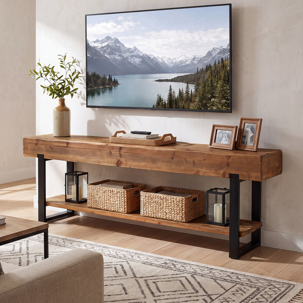 Tribesigns 160 cm tv-meubel van massief hout met 2-laags opbergrek en metalen frame, landelijke tv-kast voor woonkamer