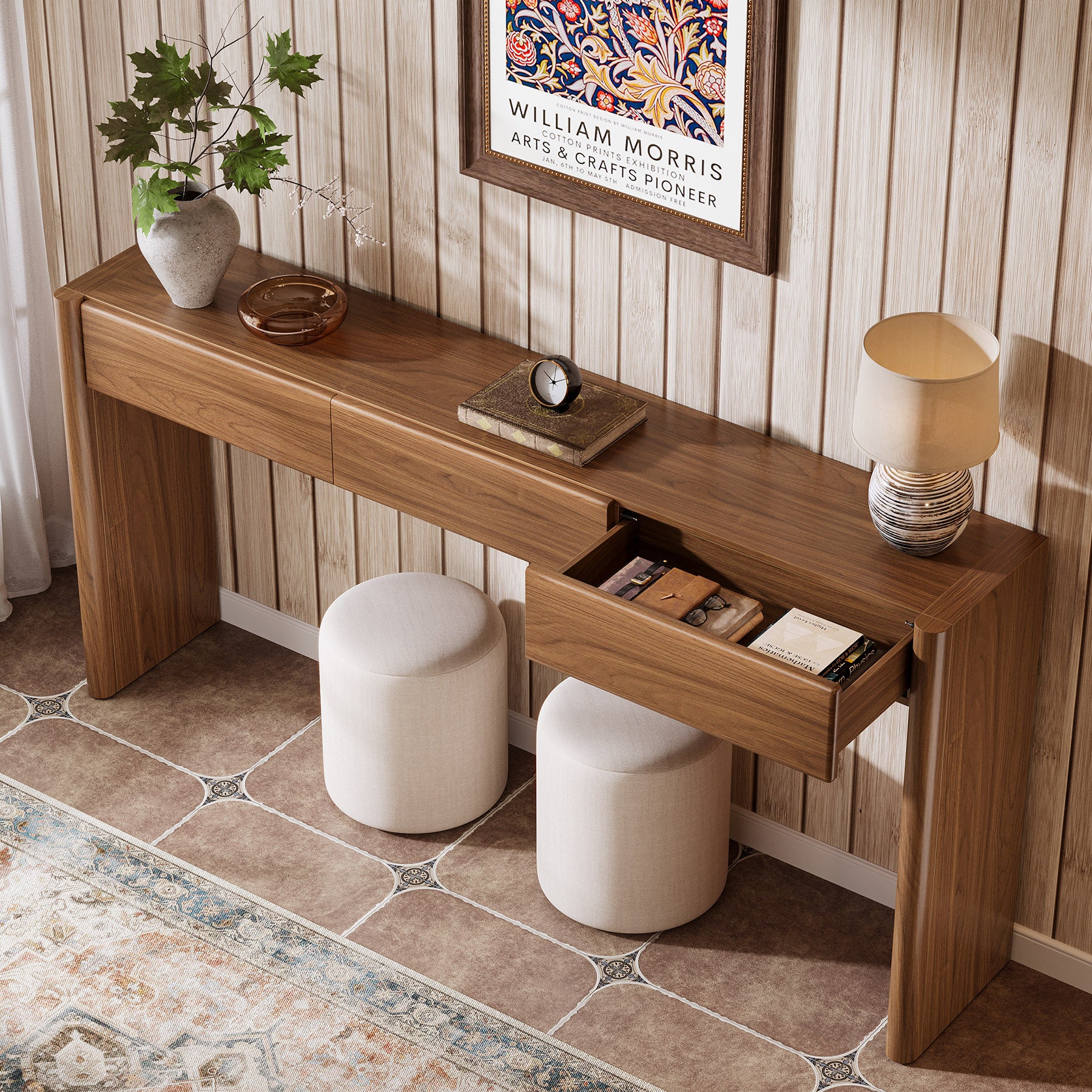 180 cm Landelijke Consoletafel met 3 Laden, Houten Haltafel met Opbergruimte