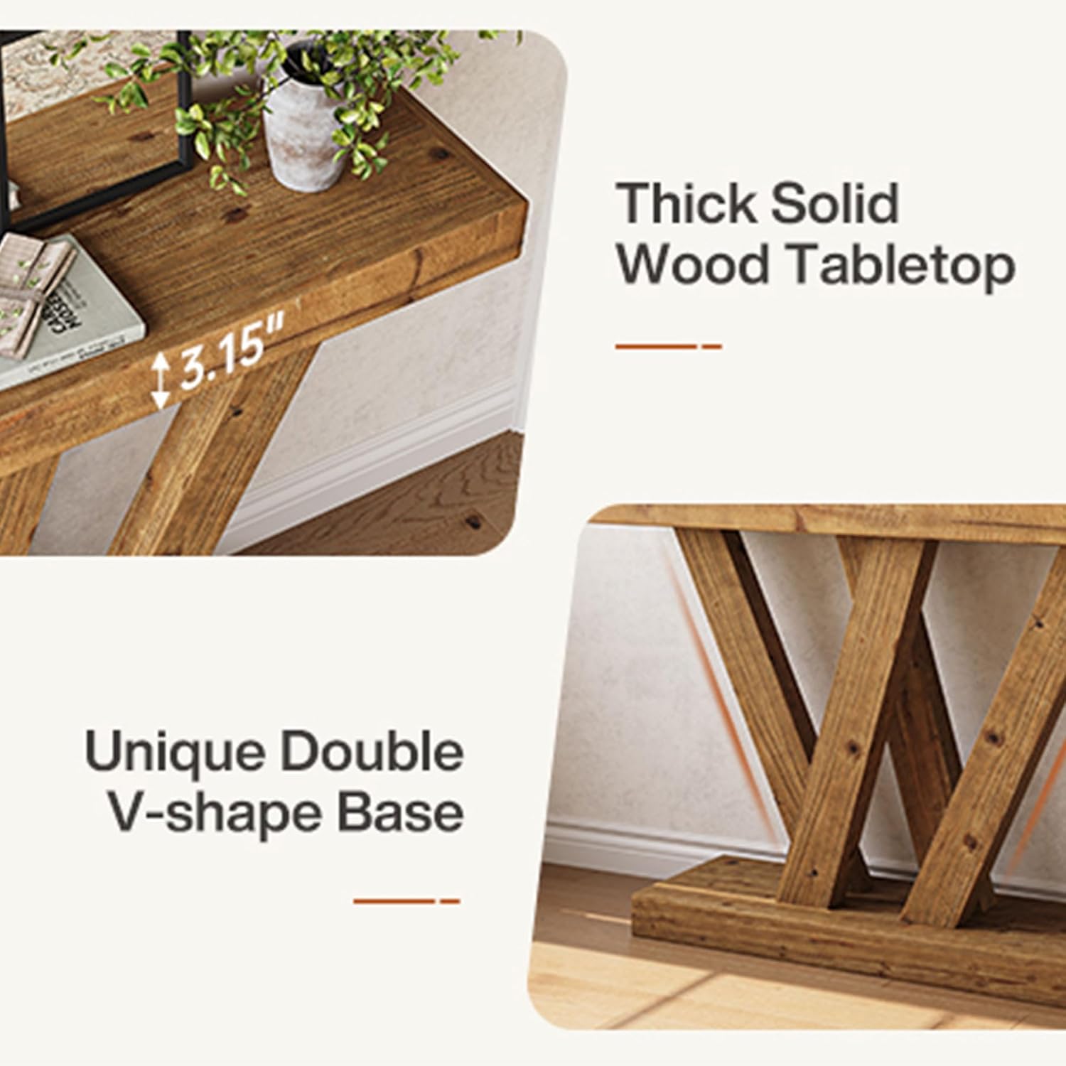 119 cm Massief Houten Salontafel, Smalle Vintage Banktafel voor Hal