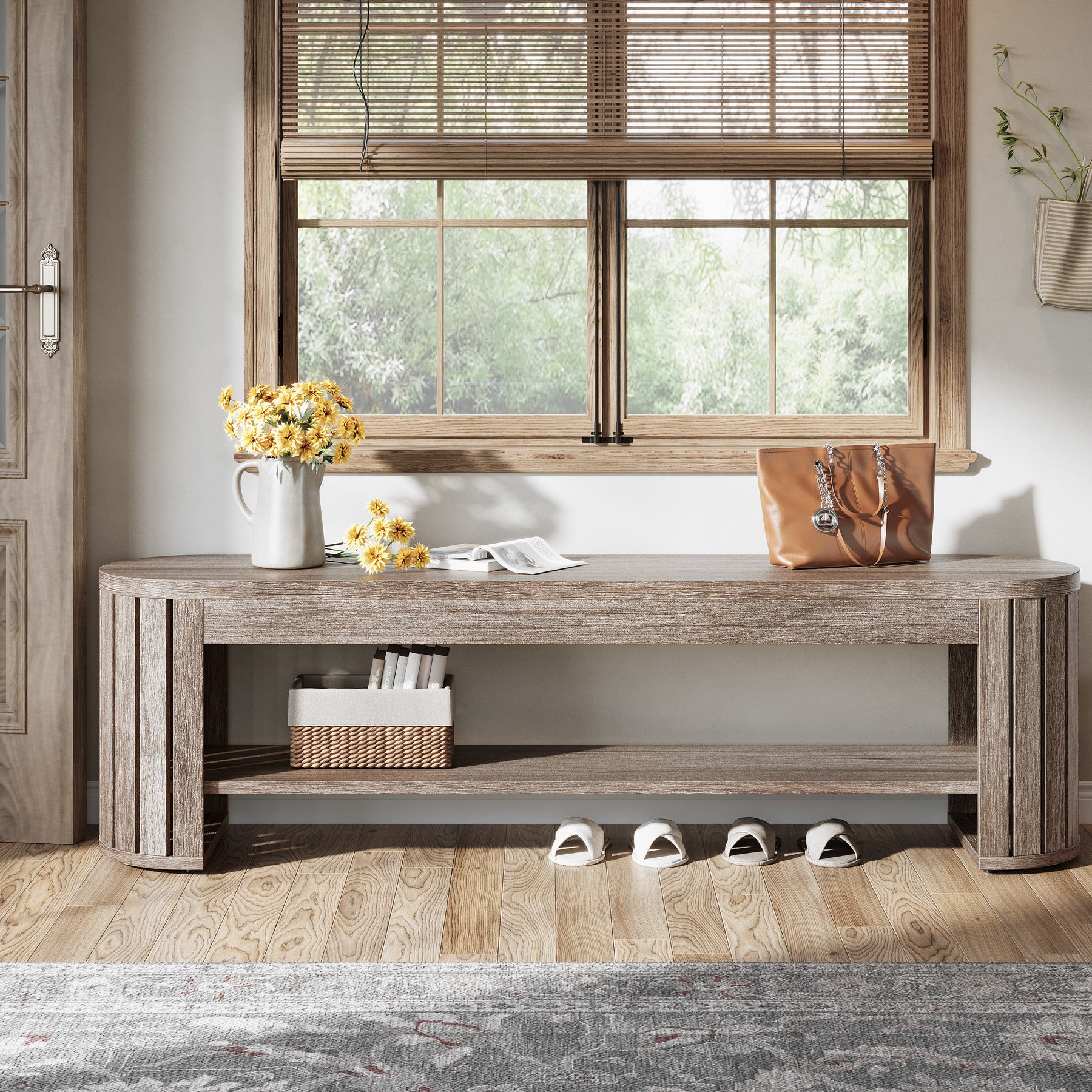 160 cm Smalle 2-Laagse Schoenenbank met Gebogen Lattenpoten