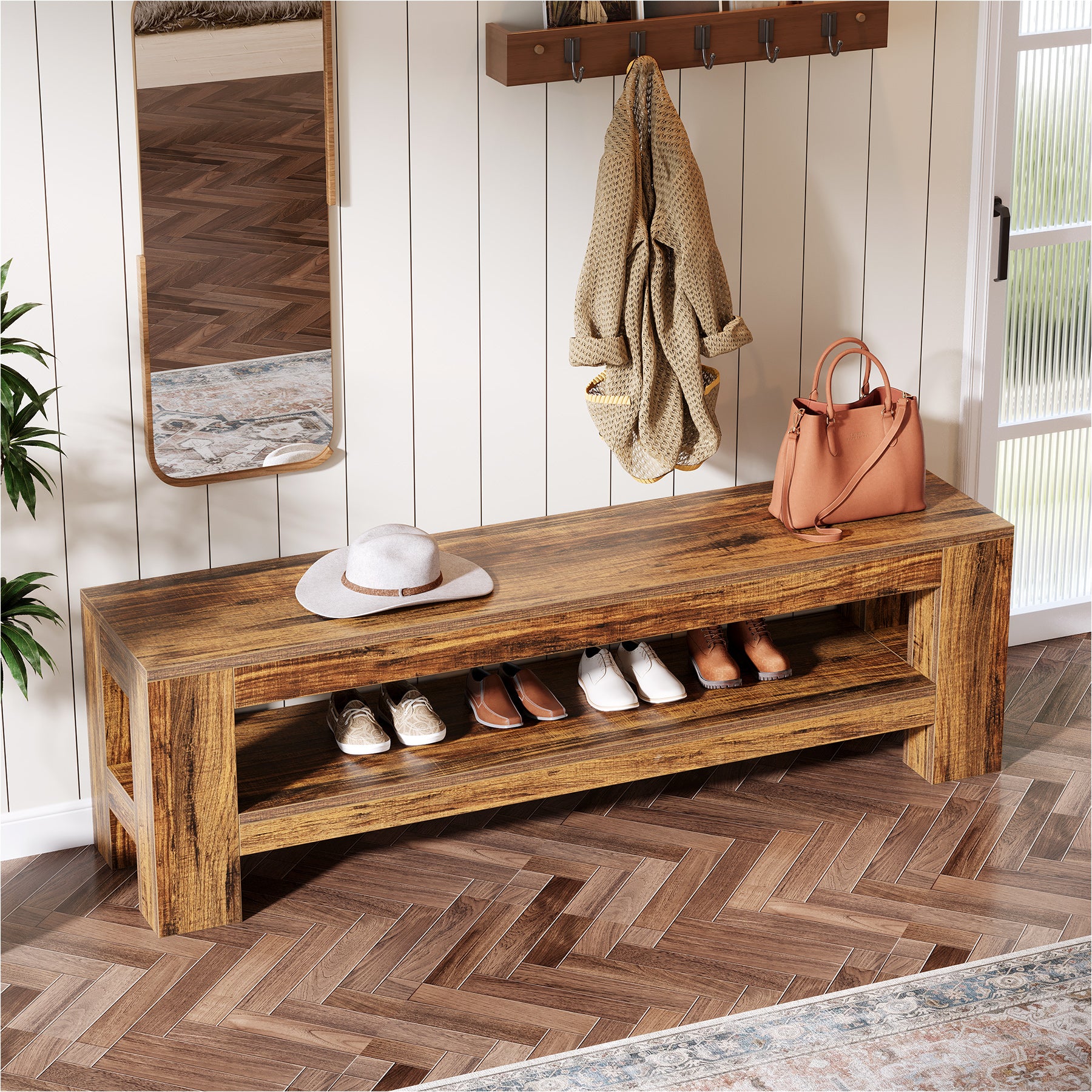 Tribesigns 150 cm Houten Halbank met Opbergplank, Landelijke Schoenenbank voor Hal Keuken Entree