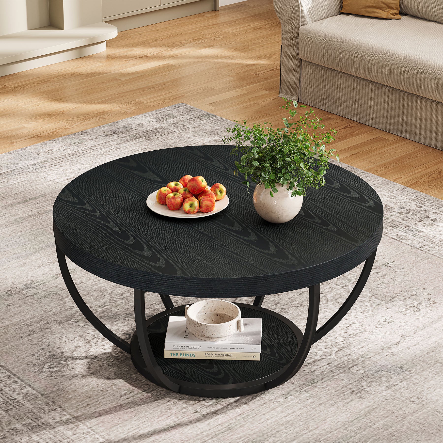 80,5 cm Ronde Industriële Salontafel, Tweelaags Middentafel in Rustiek Bruin en Zwart