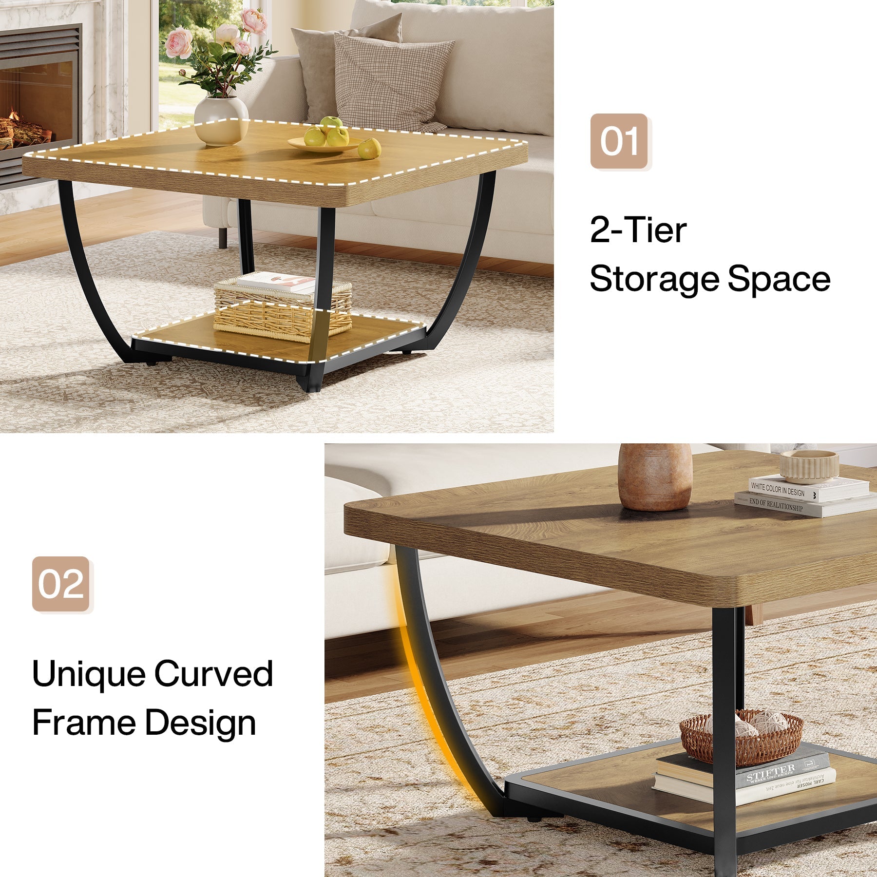 Tribesigns vierkante salontafel 80 cm met opbergplank, tweelaagse woonkamertafel met metalen frame