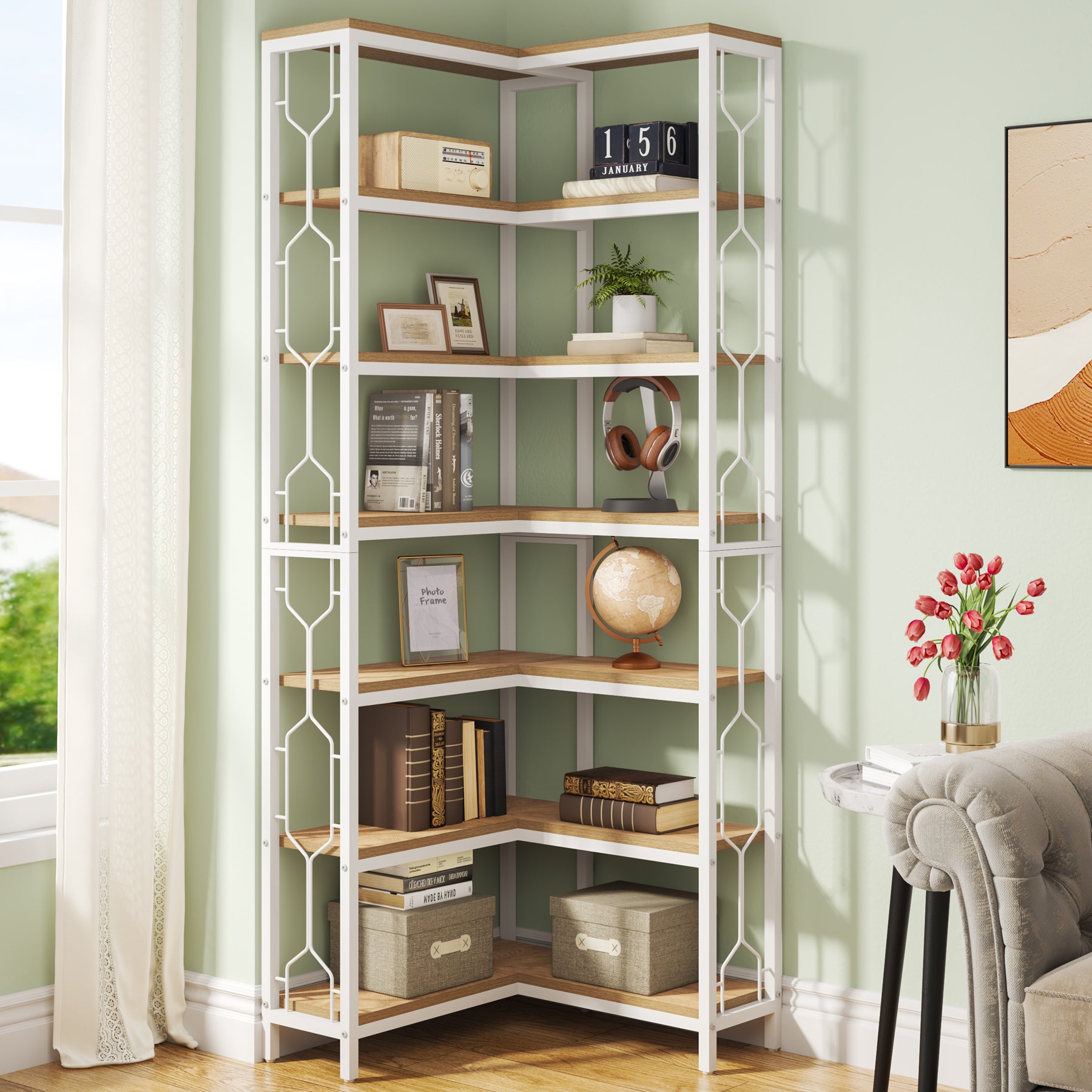 200 cm Hoge Industriële Hoekkast, 7-Lags Hoekwandplanken in Rustiek Bruin voor Woonkamer en Kantoor