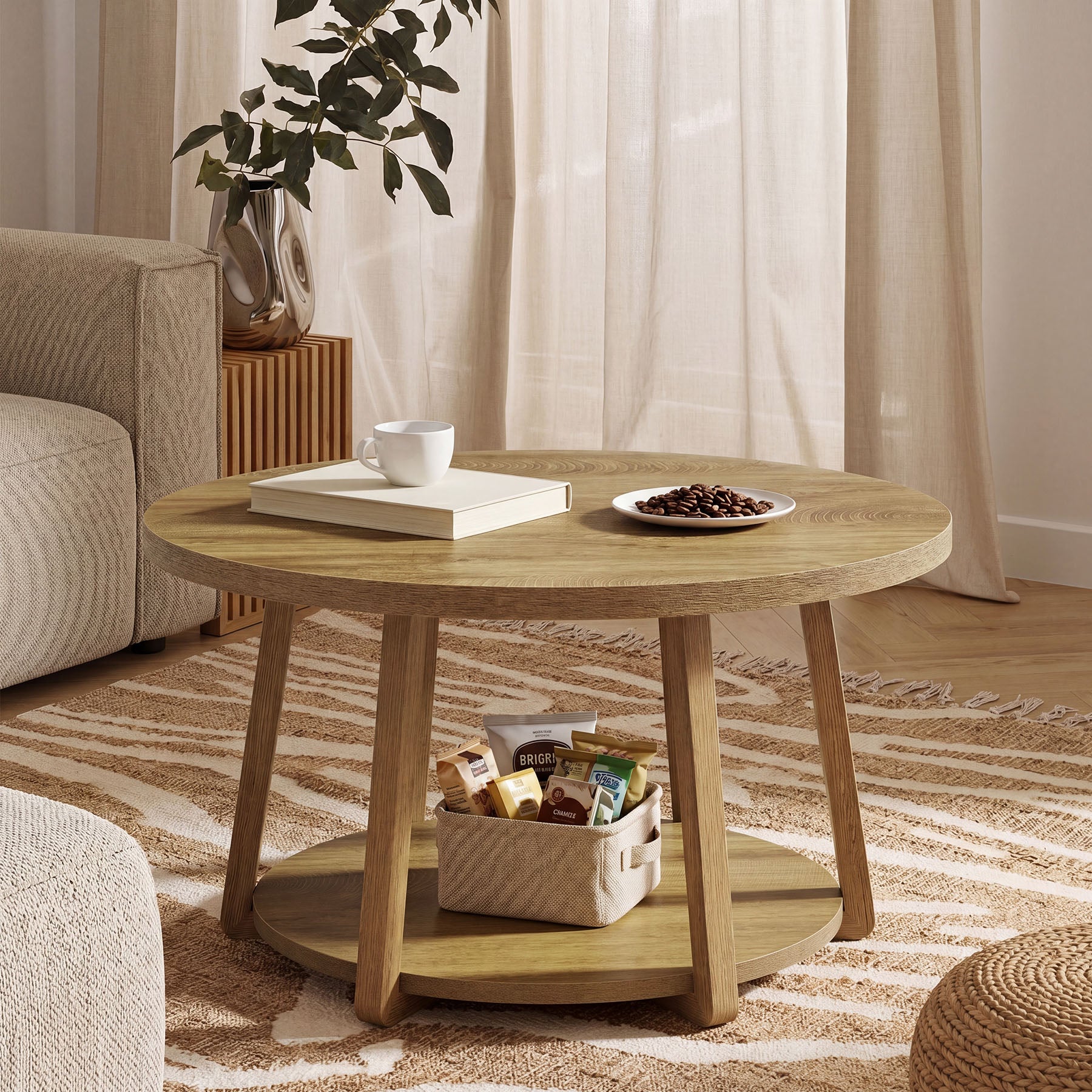 80 x 50 cm Tribesigns Ronde Salontafel, 2-Laagse Houten Bijzettafel met Opbergrek en Houten Poten voor Woonkamer