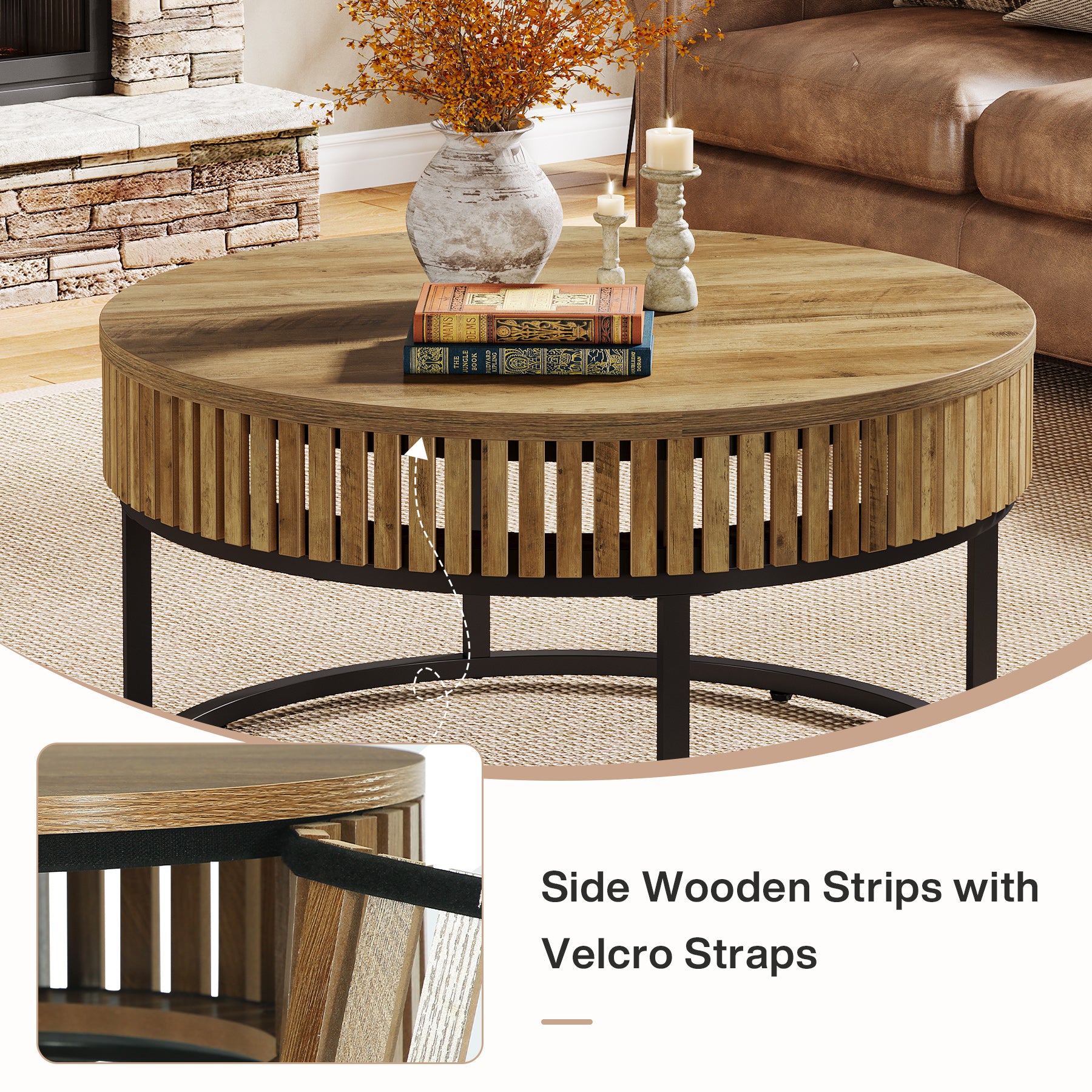 80 cm Ronde Salontafel van Hout, Moderne Industriële Koffietafel voor de Woonkamer