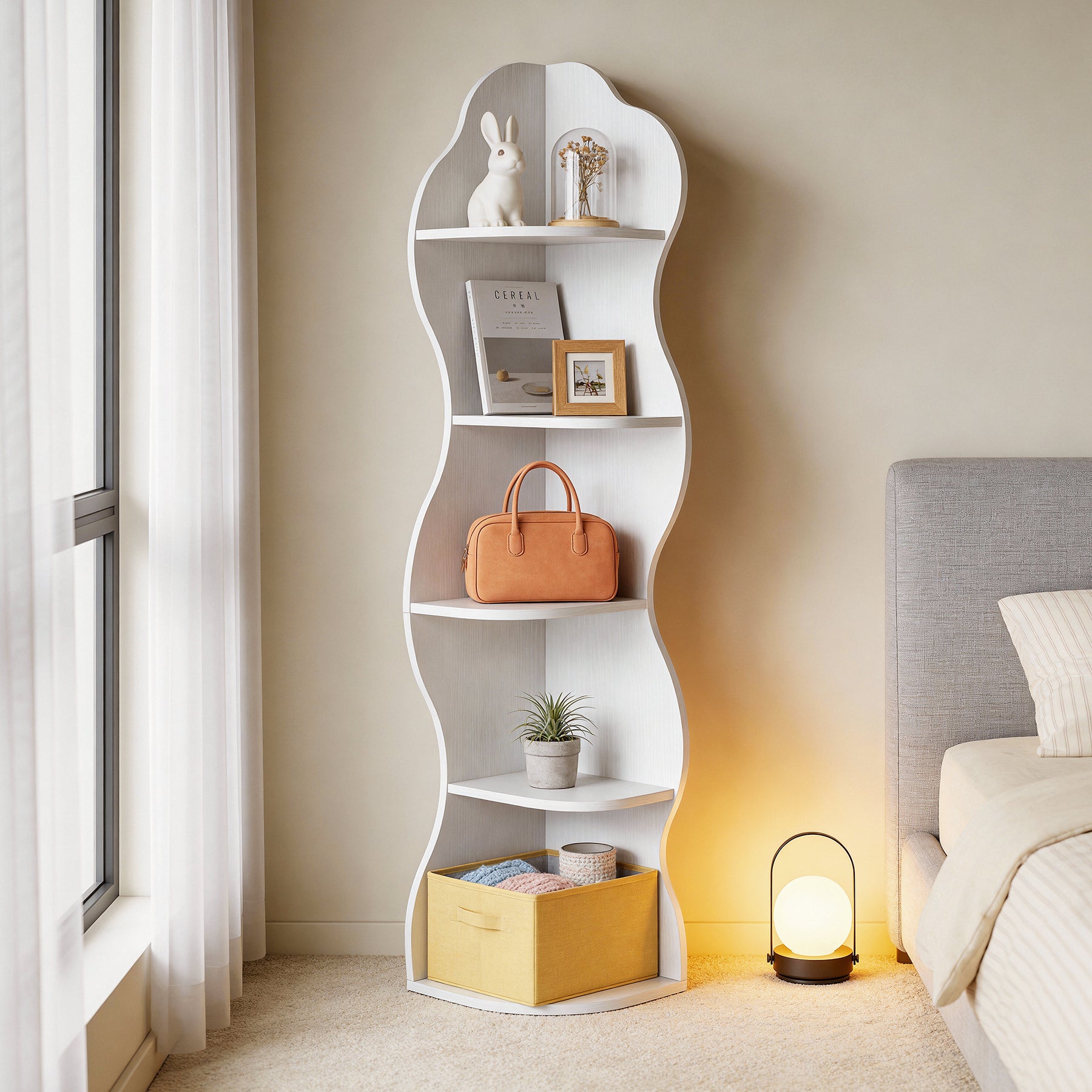 174 cm Hoekboekenkast met 5 Planken, Witte Hoekkast voor Woonkamer