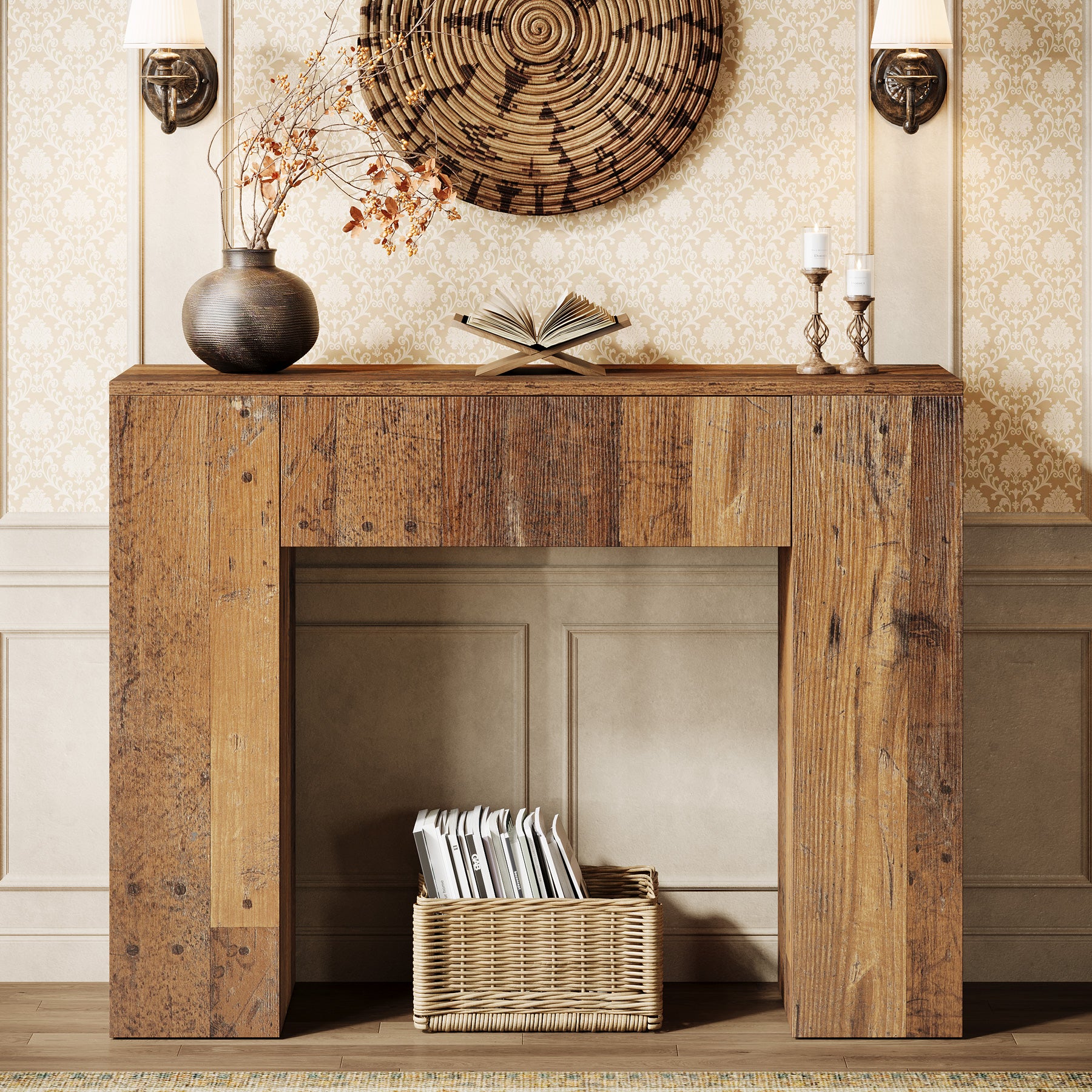 Tribesigns Consoletafel van 100 cm met Lades voor Kleine Ruimtes, Smalle Donkerbruine Haltafel voor Woonkamer en Entree