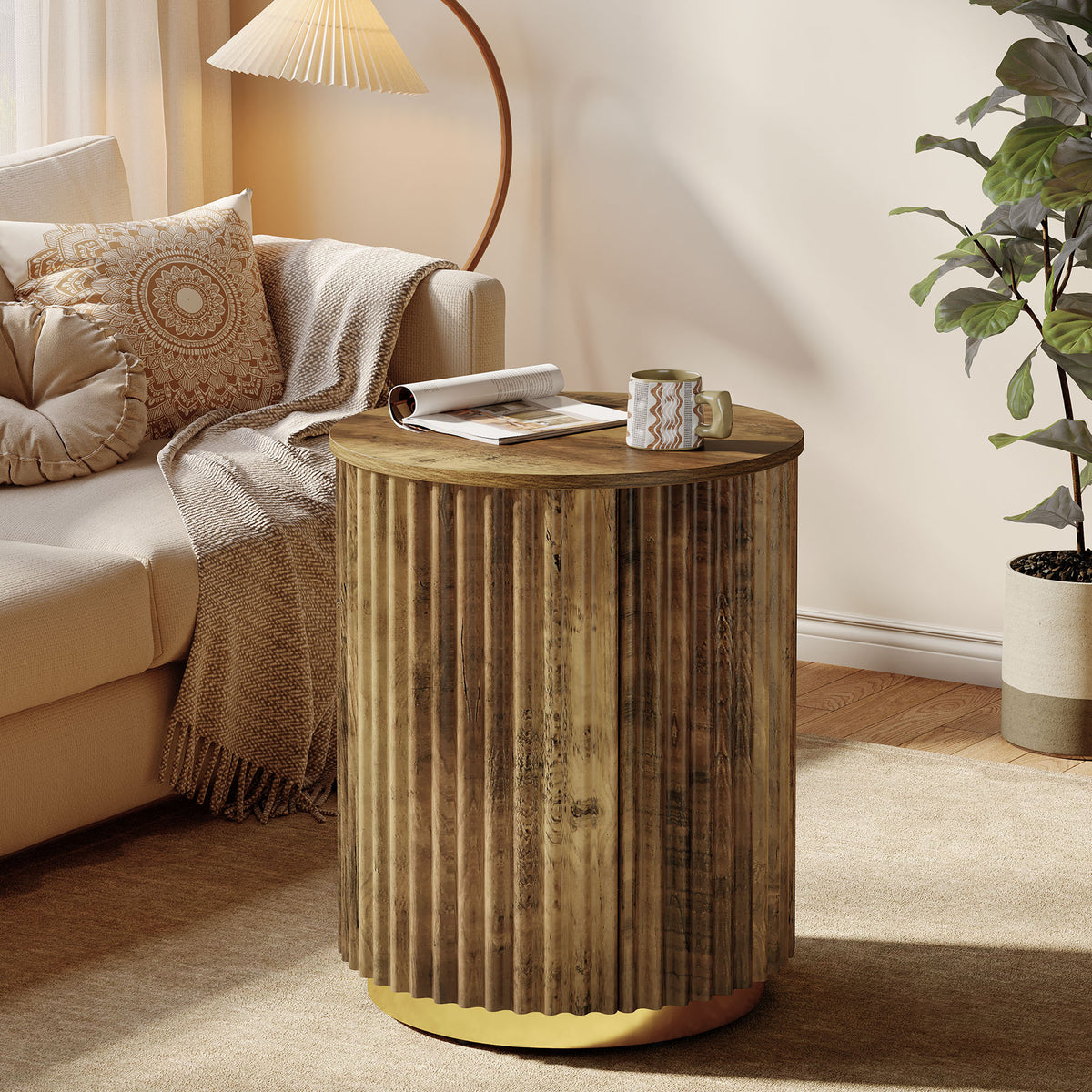 50 cm Tribesigns rond bijzettafeltje met geribbeld design, moderne nachtkastje voor woonkamer en slaapkamer