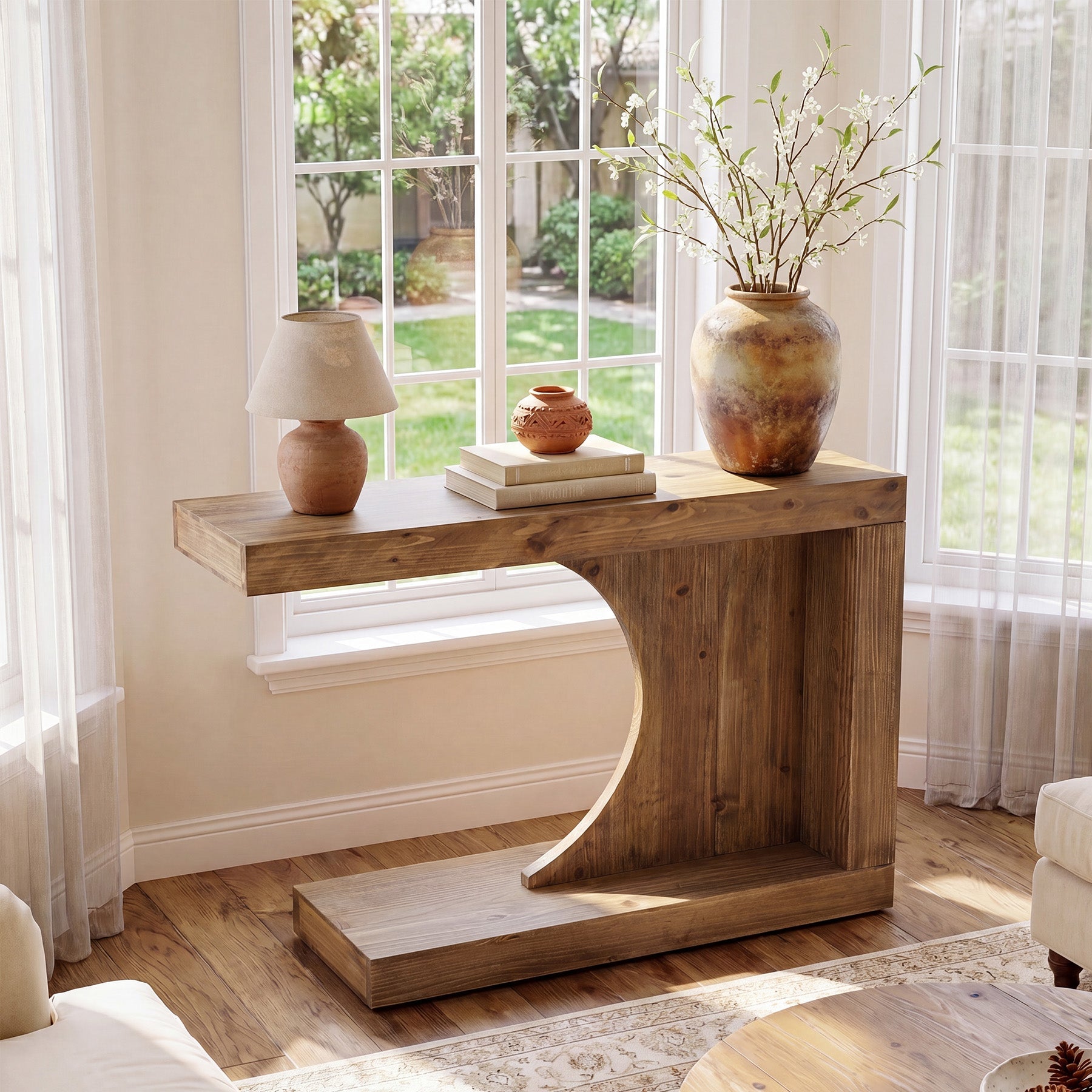 Tribesigns Massief Houten Consoletafel 100 cm, Moderne Haltafel met C-vormig Design