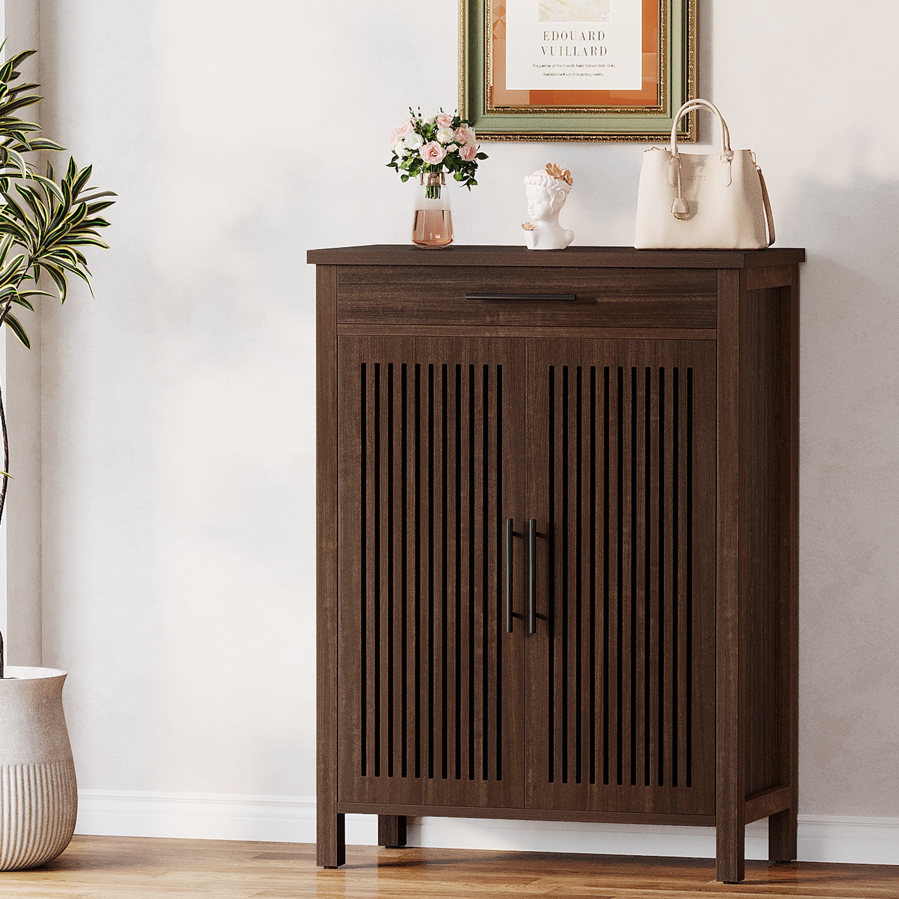 Smal Schoenenmeubel 80 cm, Verstelbare Kast Met 5 Planken En Lamellendeuren