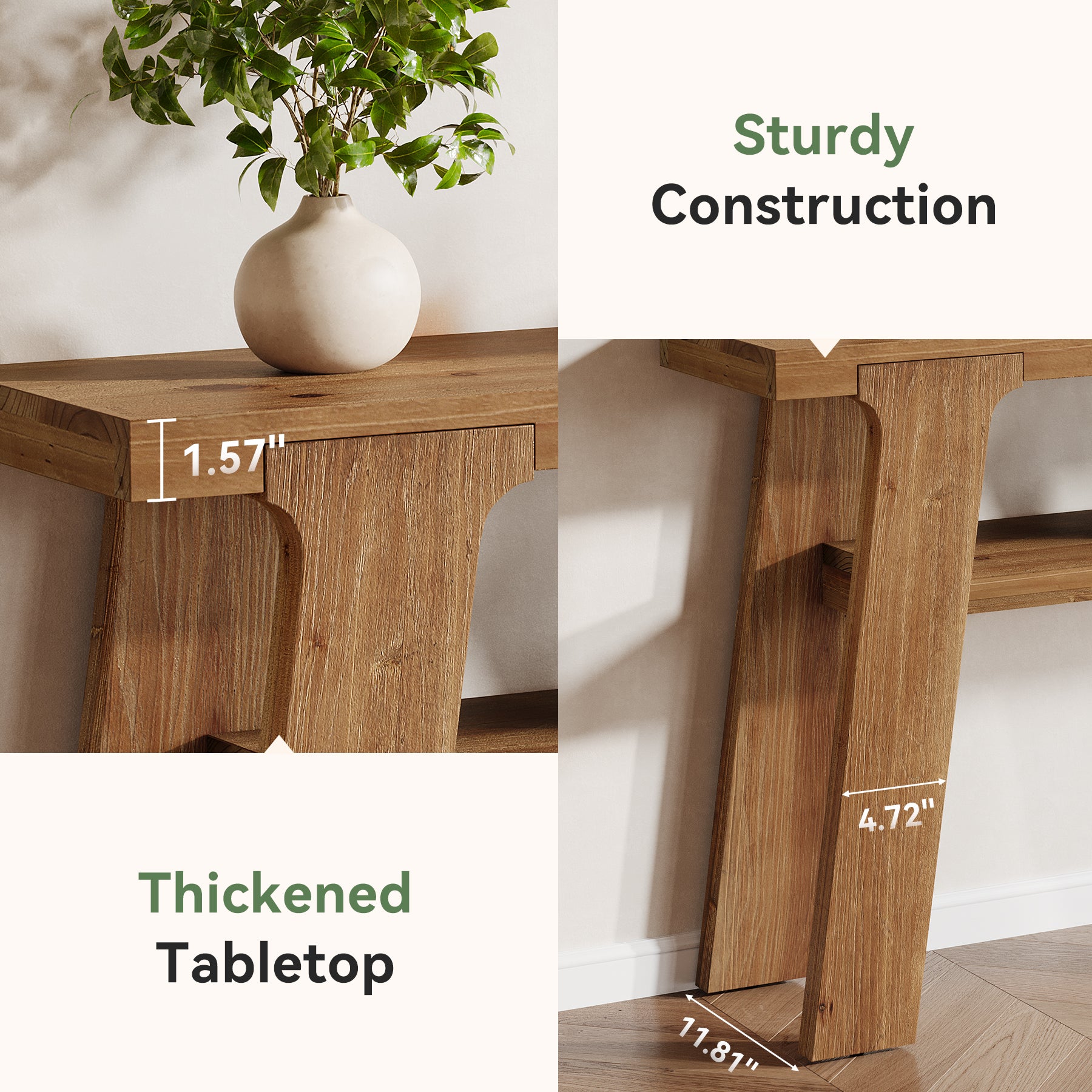 120 cm Houten Consoletafel, Massief Houten Bijzettafel met 2-Laden Opbergvak